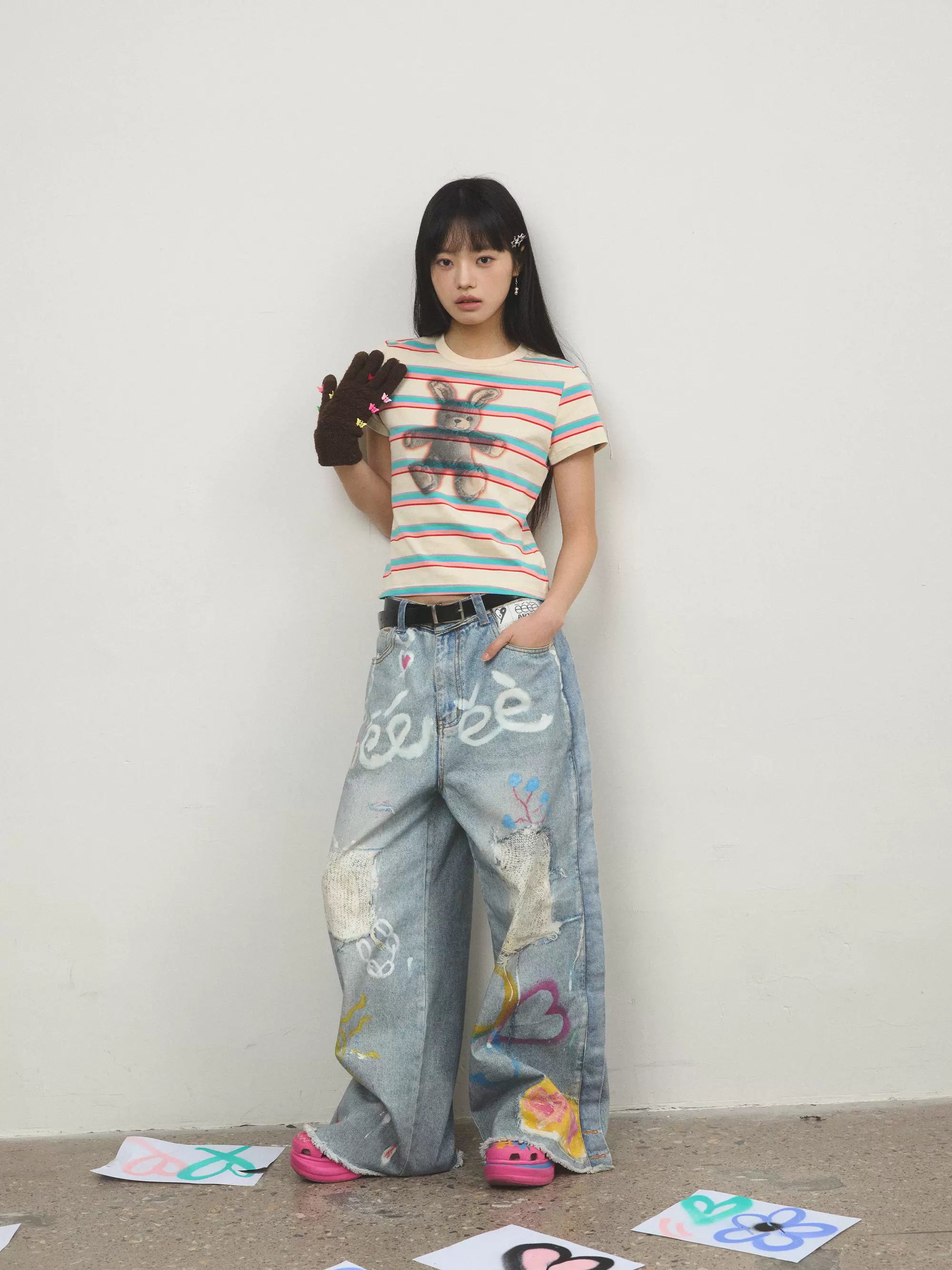 “粉刷匠”| eeee手绘爱心涂鸦重工设计牛仔裤3D破洞印花阔腿裤