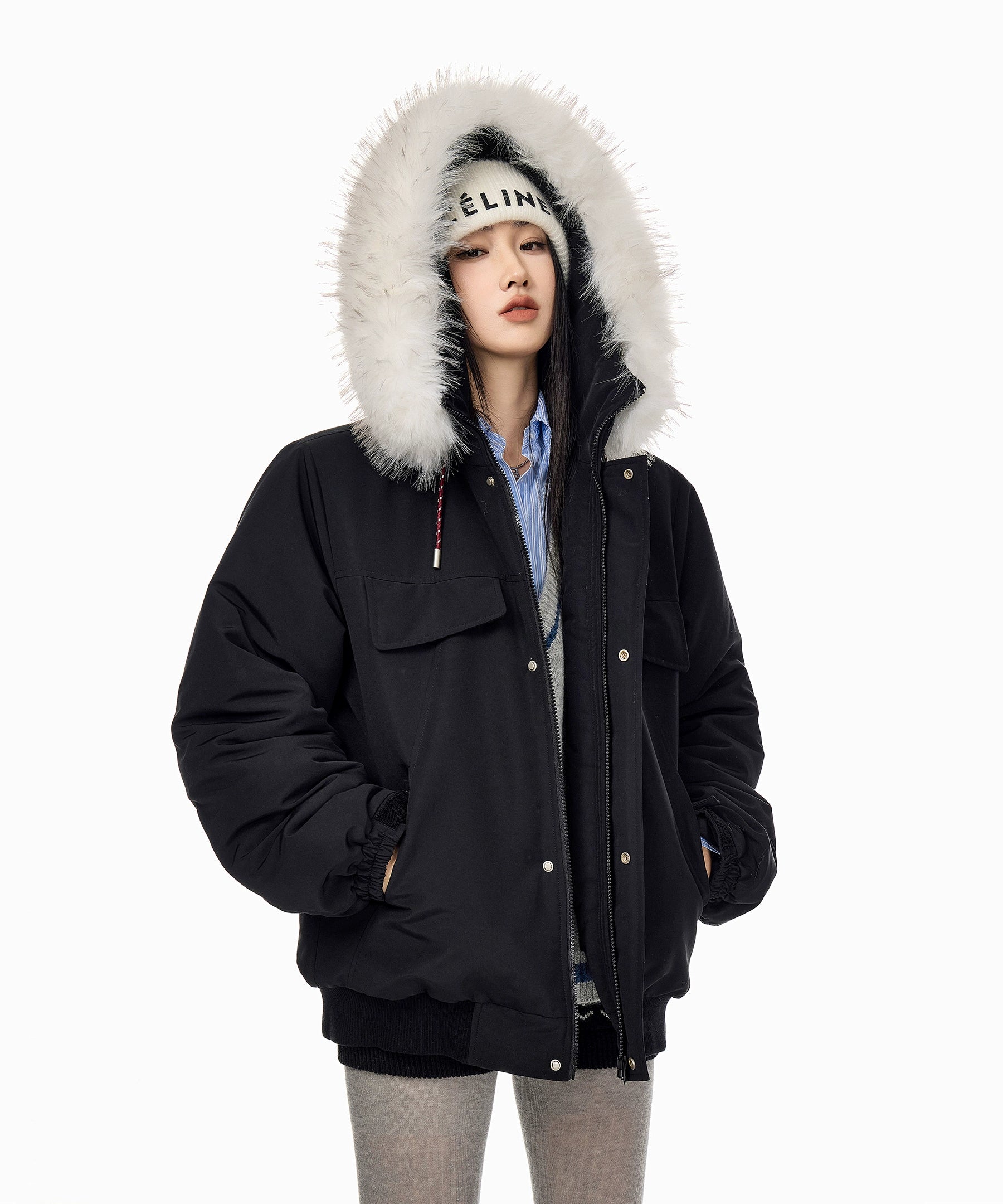 ICH MODE 美式复古毛领连帽棉服女2025新款冬季工装外套保暖棉衣