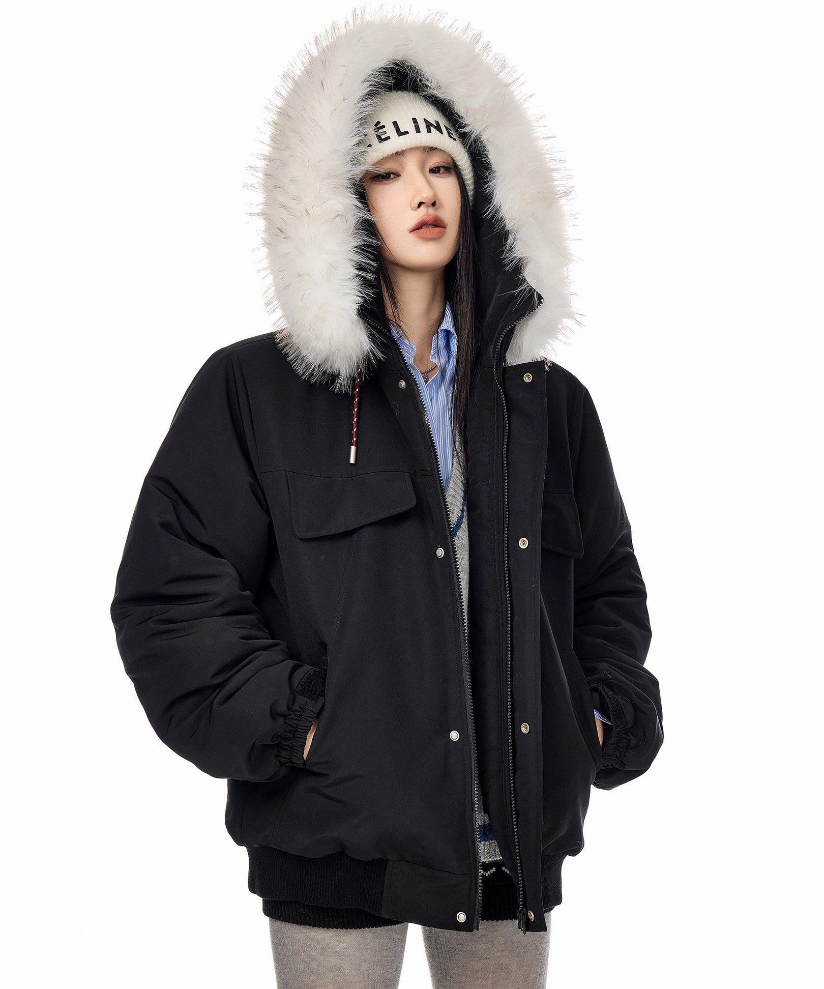 ICH MODE 美式复古毛领连帽棉服女2025新款冬季工装外套保暖棉衣