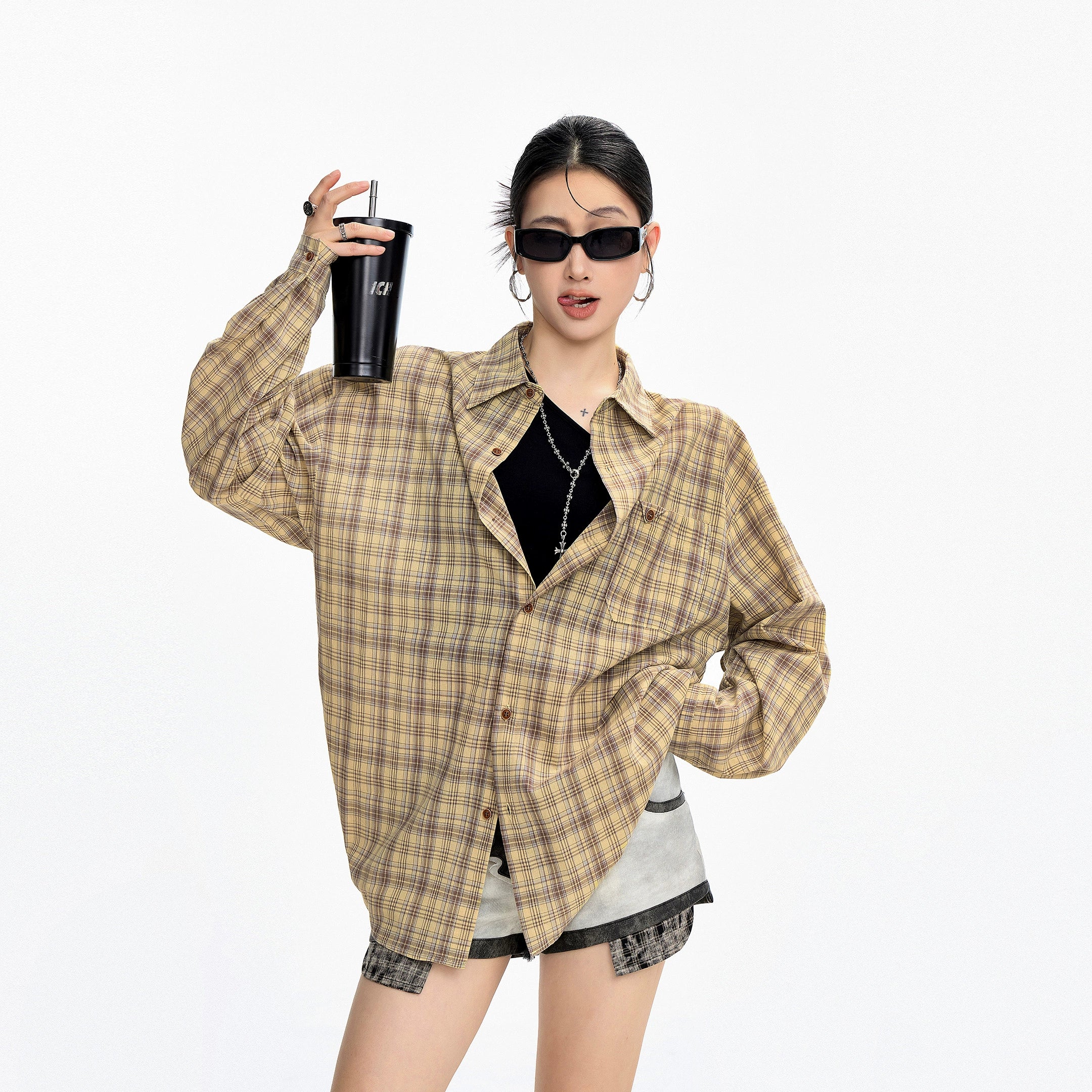 ICH MODE 美式复古格子长袖衬衫女夏季新款百搭休闲衬衣外套上衣