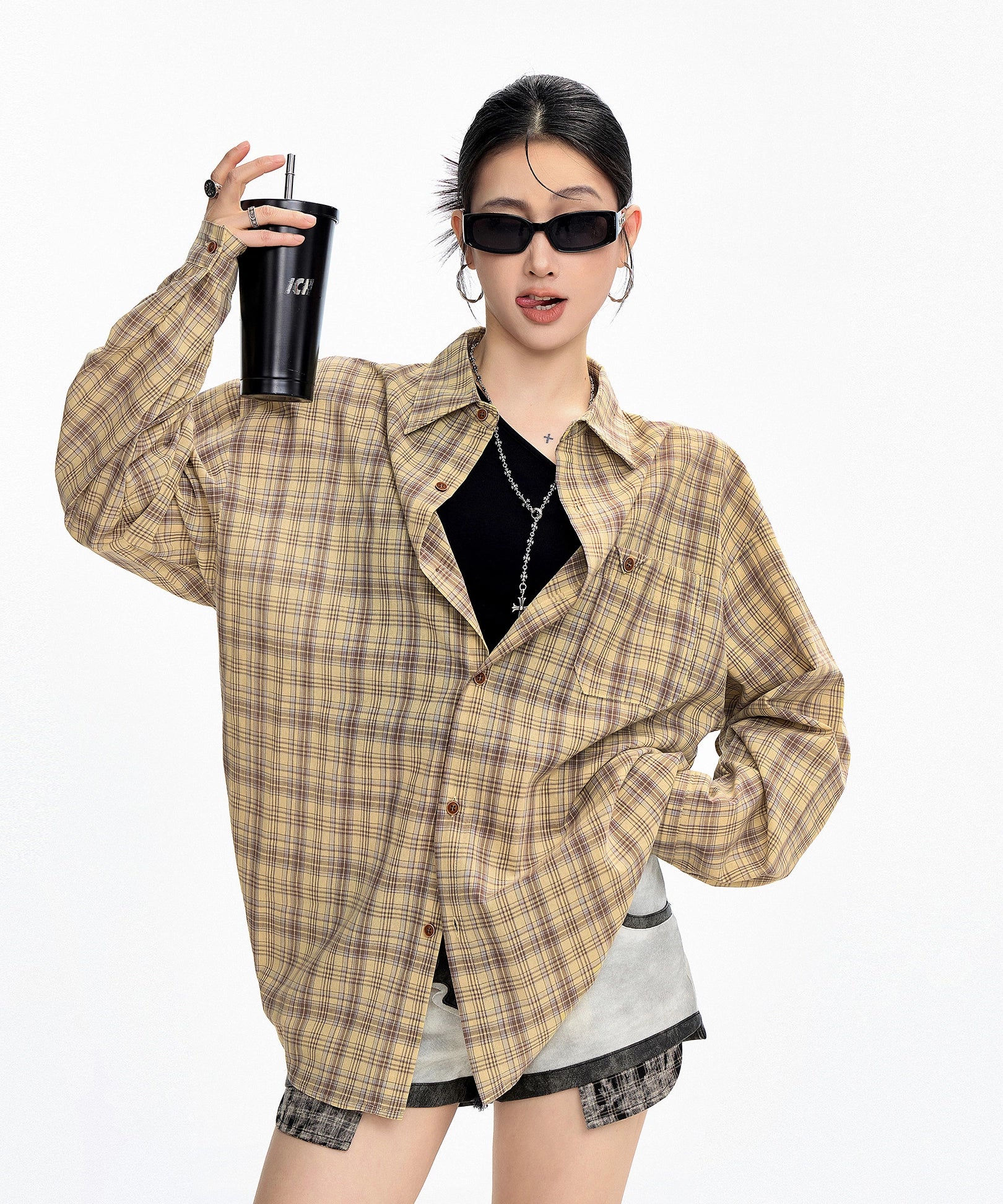 ICH MODE 美式复古格子长袖衬衫女夏季新款百搭休闲衬衣外套上衣