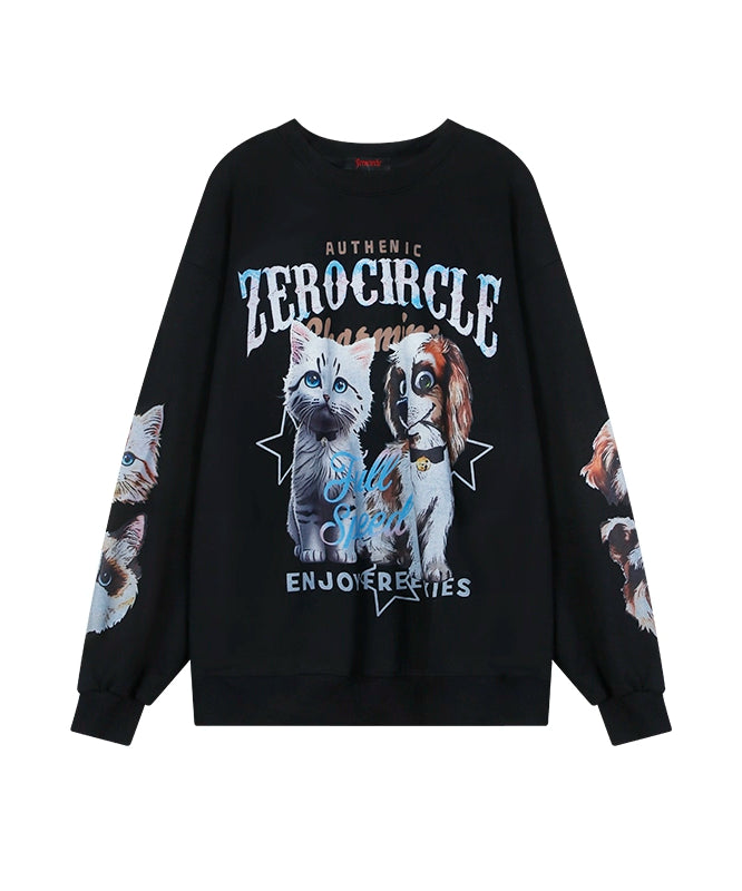 野生zerocircle黑色情侣印花圆领卫衣女春季小众韩版宽松显瘦上衣