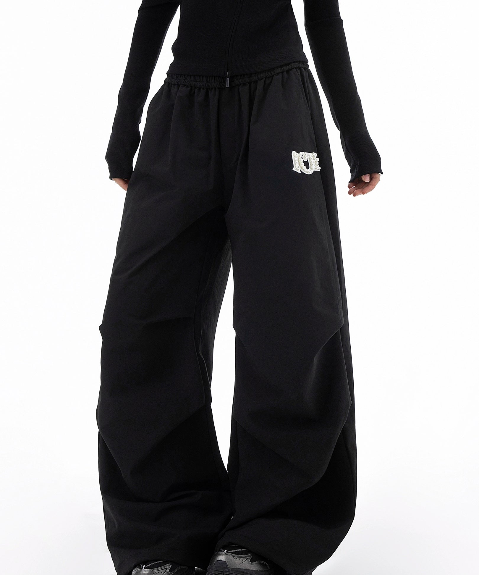 ICH MODE 美式复古珍珠休闲裤女宽松伞兵裤直筒裤阔腿弯刀运动裤