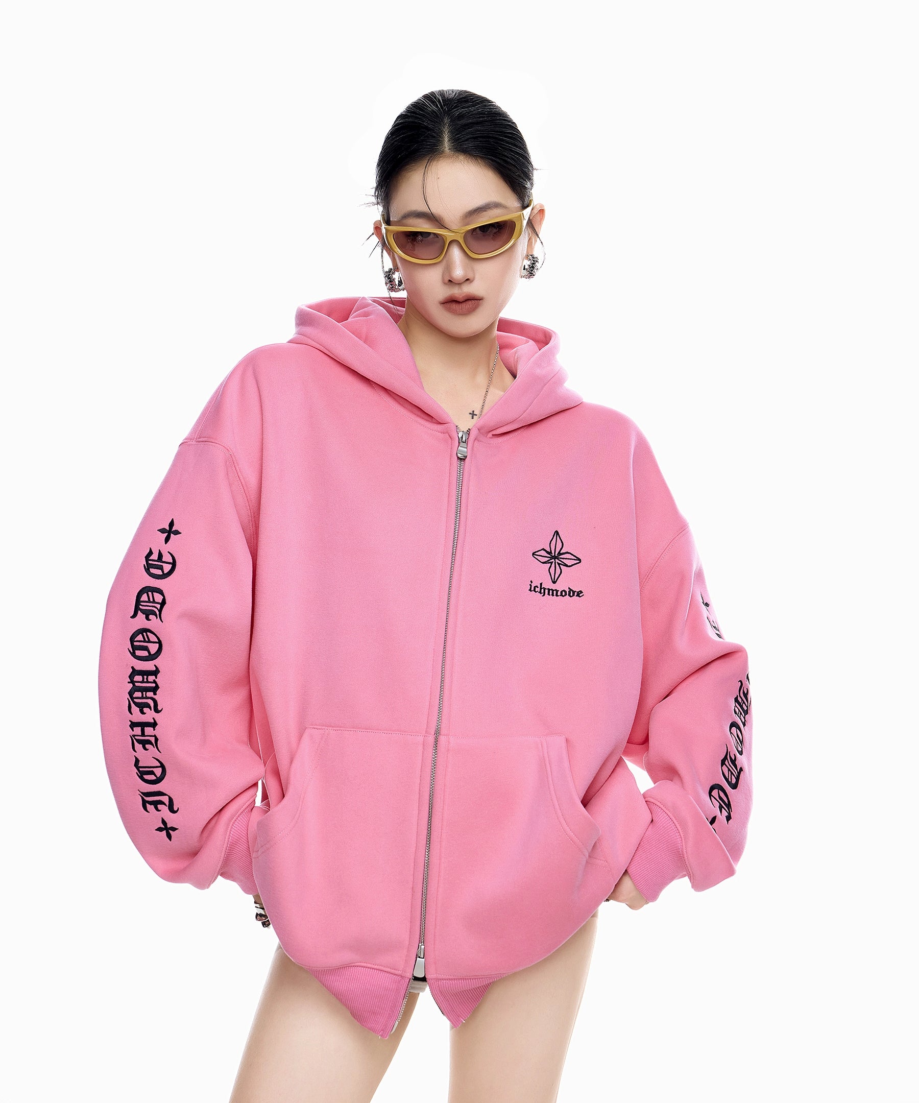 ICH MODE 美式复古哥特十字连帽卫衣外套女秋冬季双拉链开衫上衣