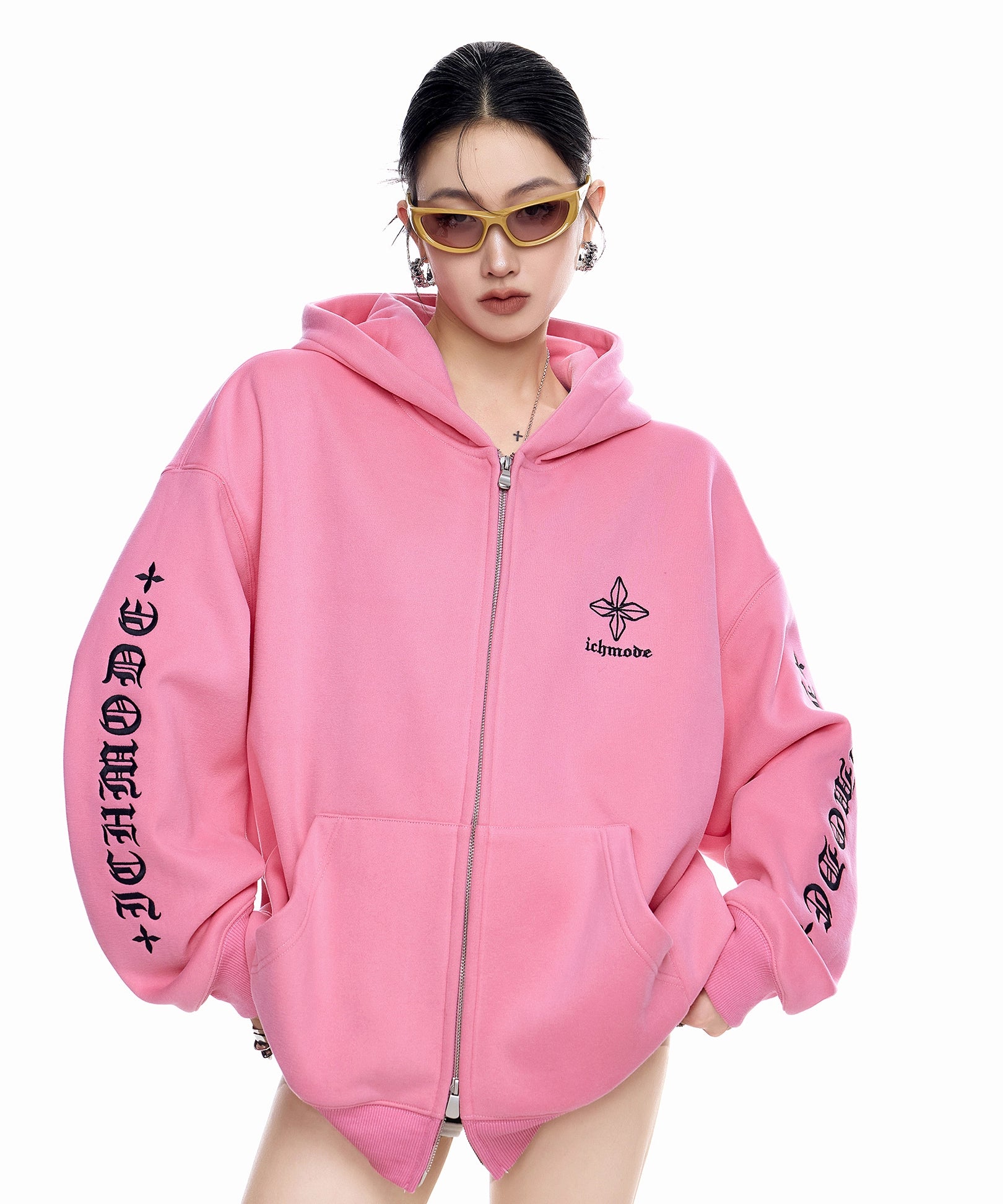 ICH MODE 美式复古哥特十字连帽卫衣外套女秋冬季双拉链开衫上衣