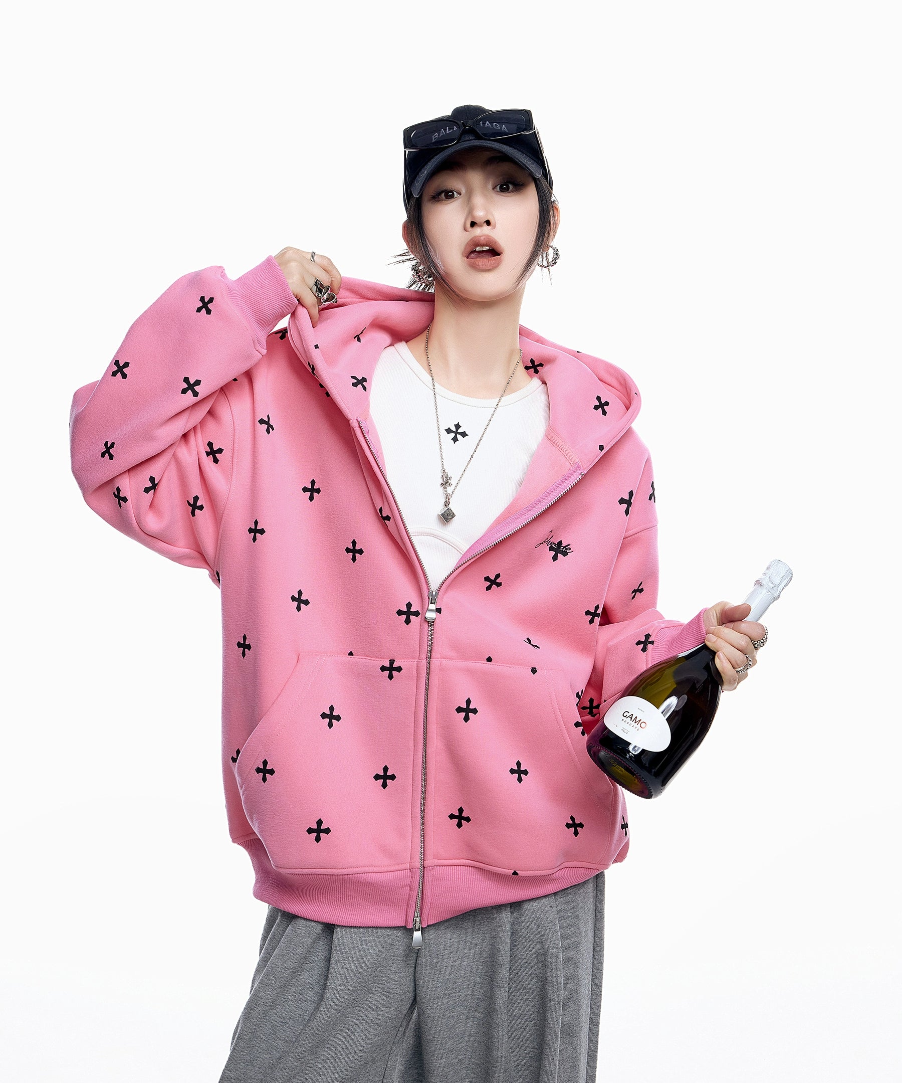 ICH MODE 美式哥特风十字架满印连帽卫衣外套女秋冬拉链开衫上衣