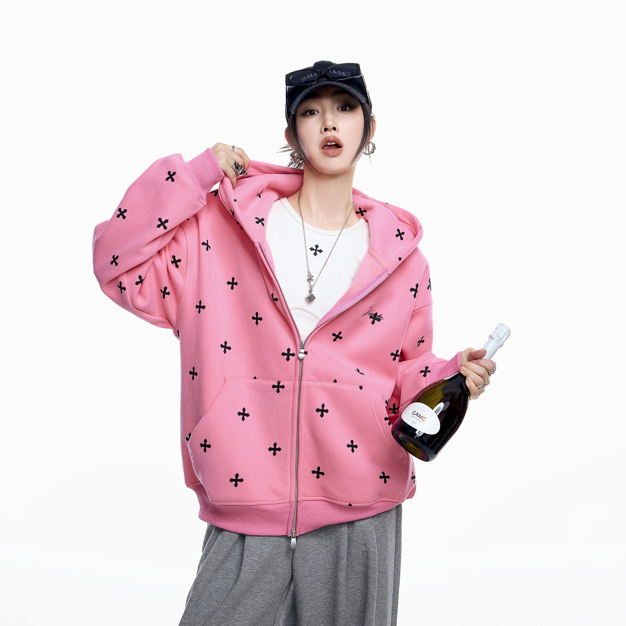 ICH MODE 美式哥特风十字架满印连帽卫衣外套女秋冬拉链开衫上衣