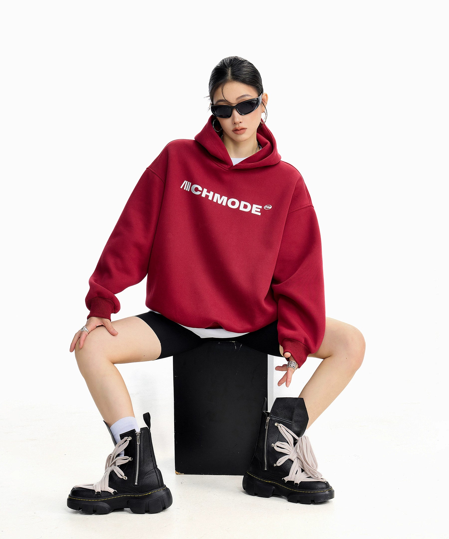 ICH MODE 美式印花黑色连帽卫衣女秋冬宽松流行外套上衣2025新款