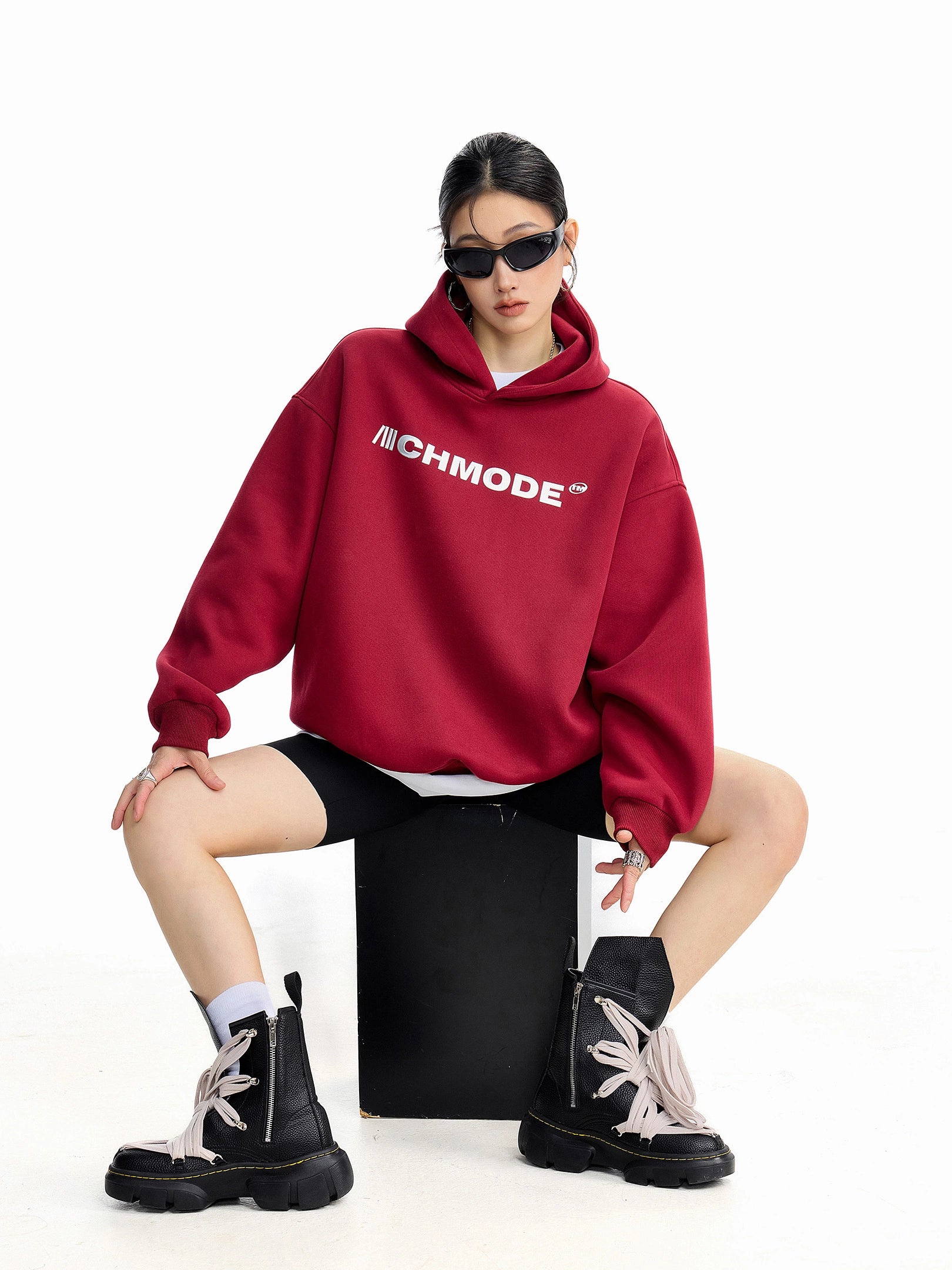 ICH MODE 美式印花黑色连帽卫衣女秋冬宽松流行外套上衣2025新款