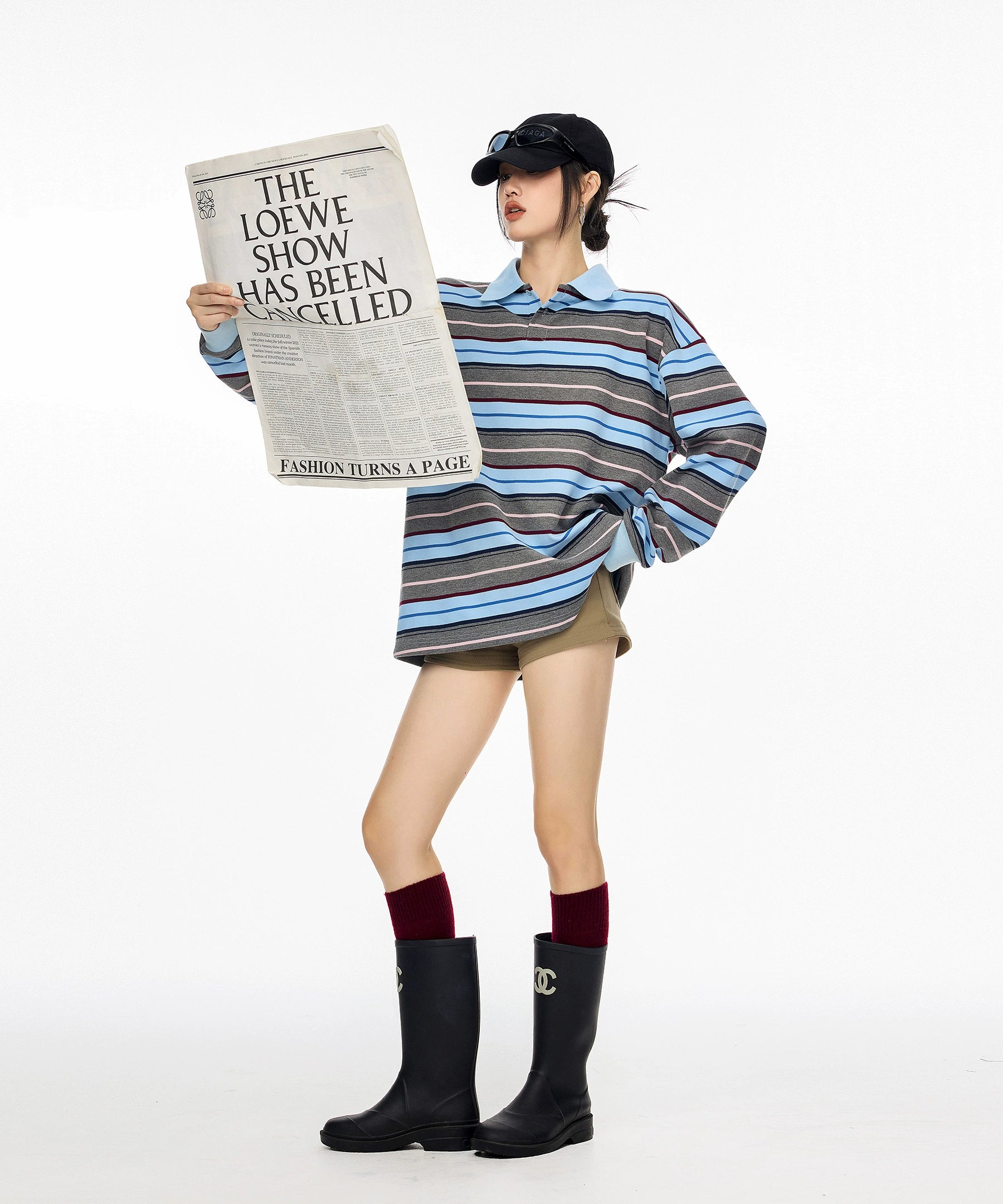 ICH MODE 美式复古条纹撞色翻领T恤女2025新款POLO衫宽松长袖上衣