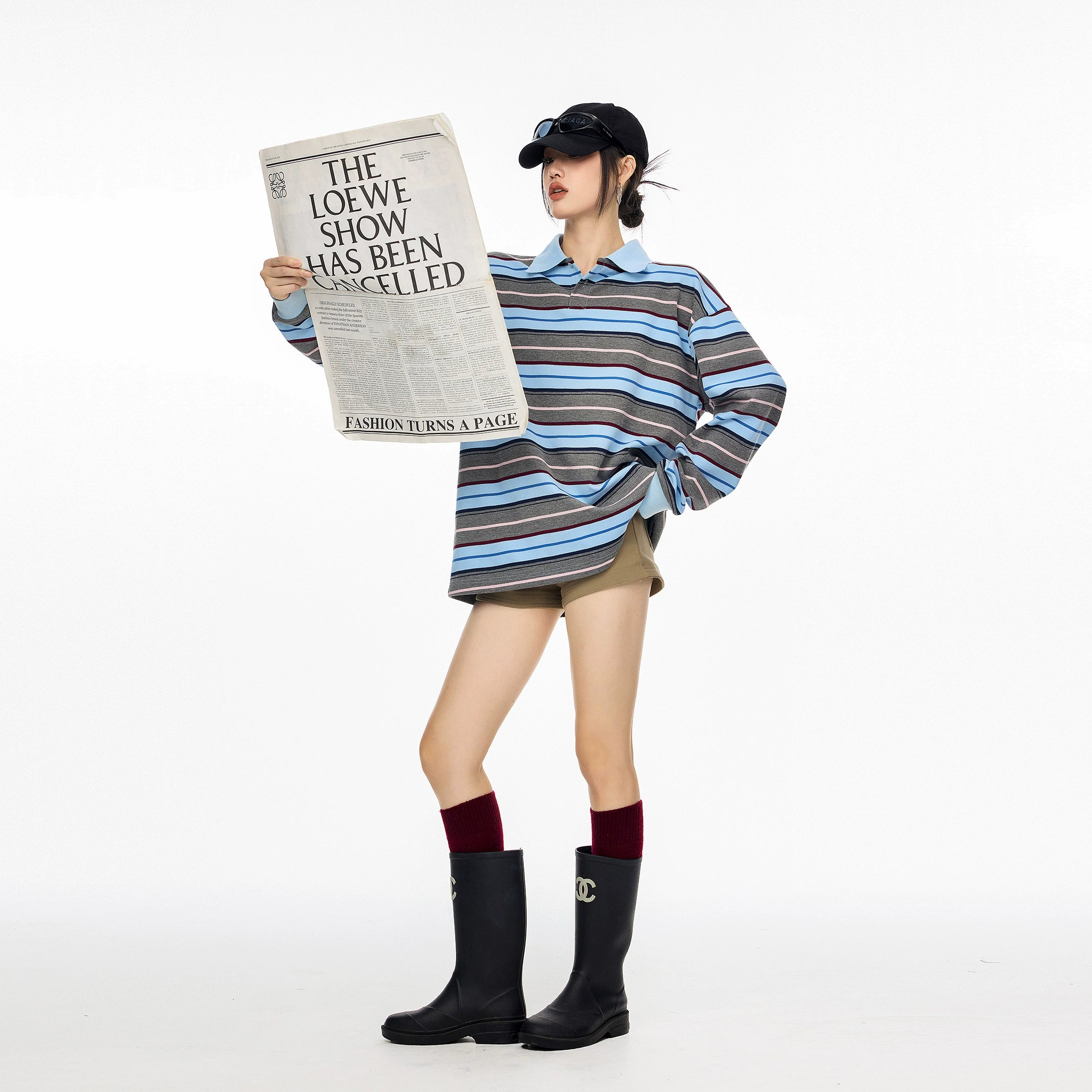 ICH MODE 美式复古条纹长袖T恤女秋冬新款拼接运动POLO衫休闲上衣