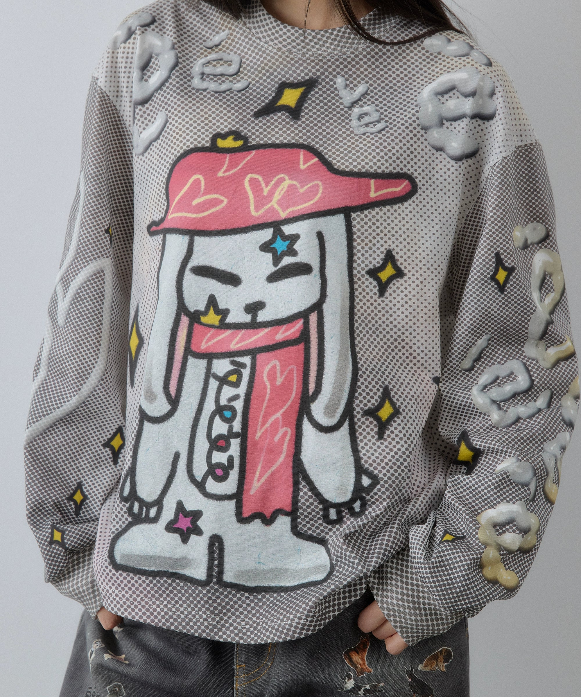 “礼帽兔子”| eeee设计感手绘涂鸦插画T恤3D字母满印波点长袖TEE