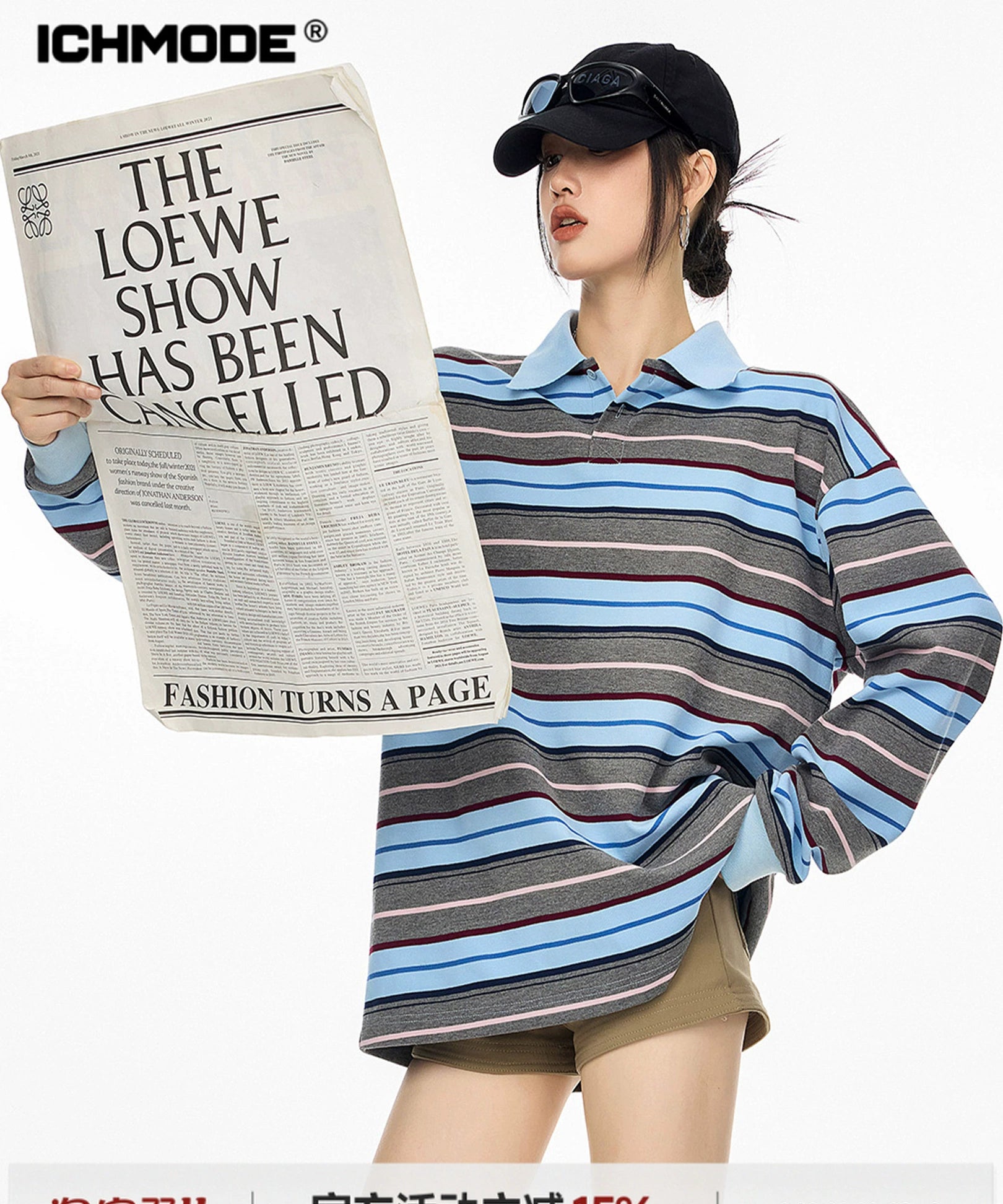 ICH MODE 美式复古条纹撞色翻领T恤女2025新款POLO衫宽松长袖上衣