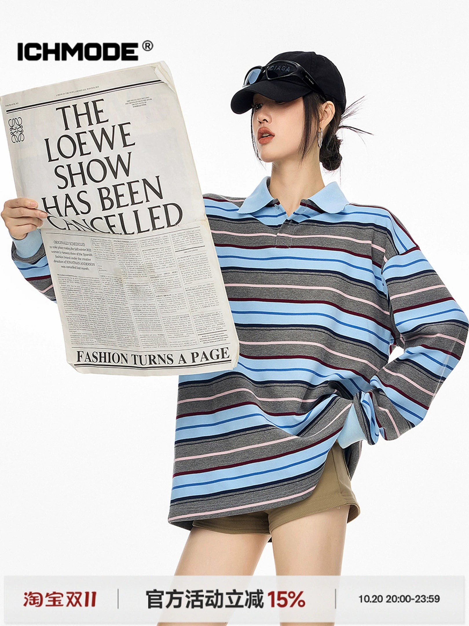 ICH MODE 美式复古条纹撞色翻领T恤女2025新款POLO衫宽松长袖上衣