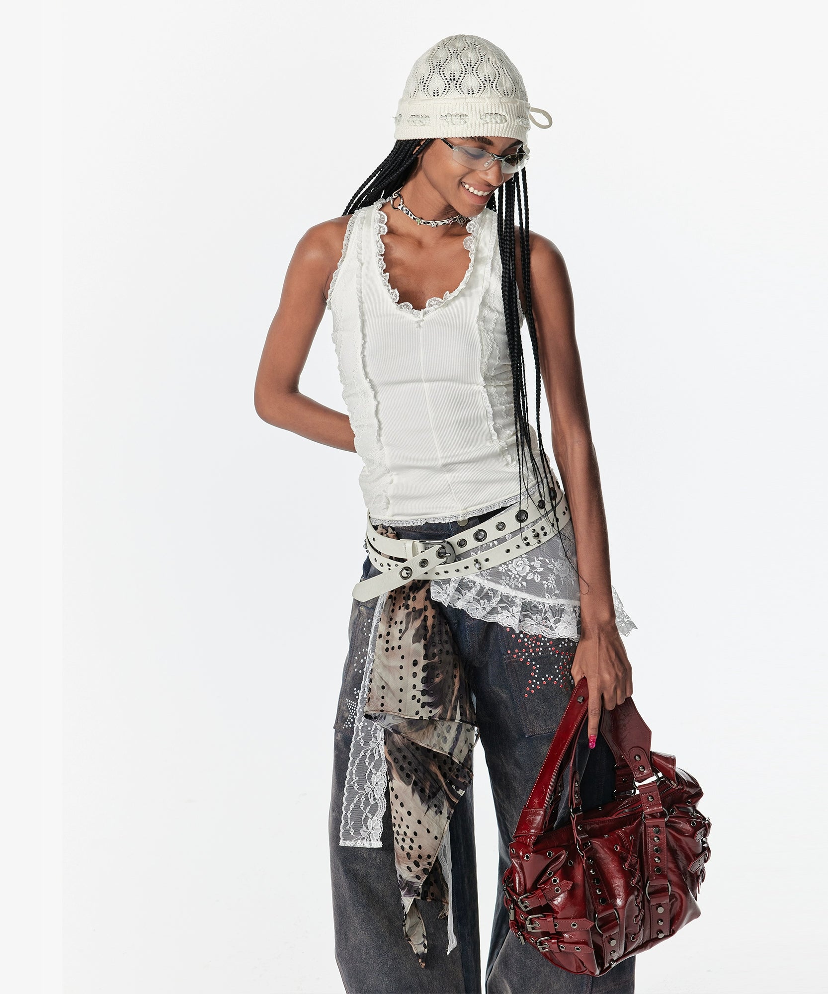 2th Desire蕾丝拼接镂空亮闪工字吊带背心弹力露背内搭外穿上衣女