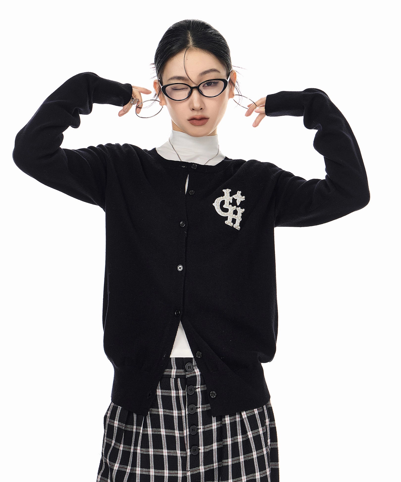 ICH MODE 美式复古珍珠针织开衫女秋冬季氛围感外搭休闲毛衣外套