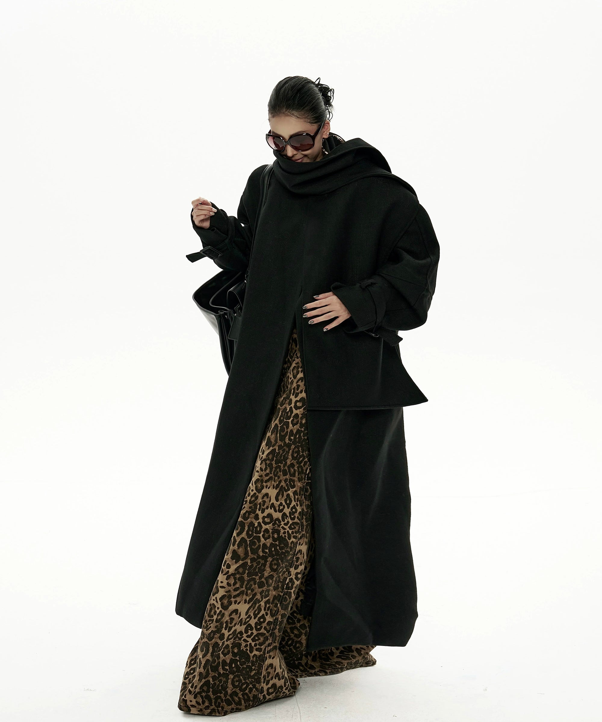 野生zero黑色长款廓形毛呢外套女秋冬2025新款高级感宽松风衣大衣