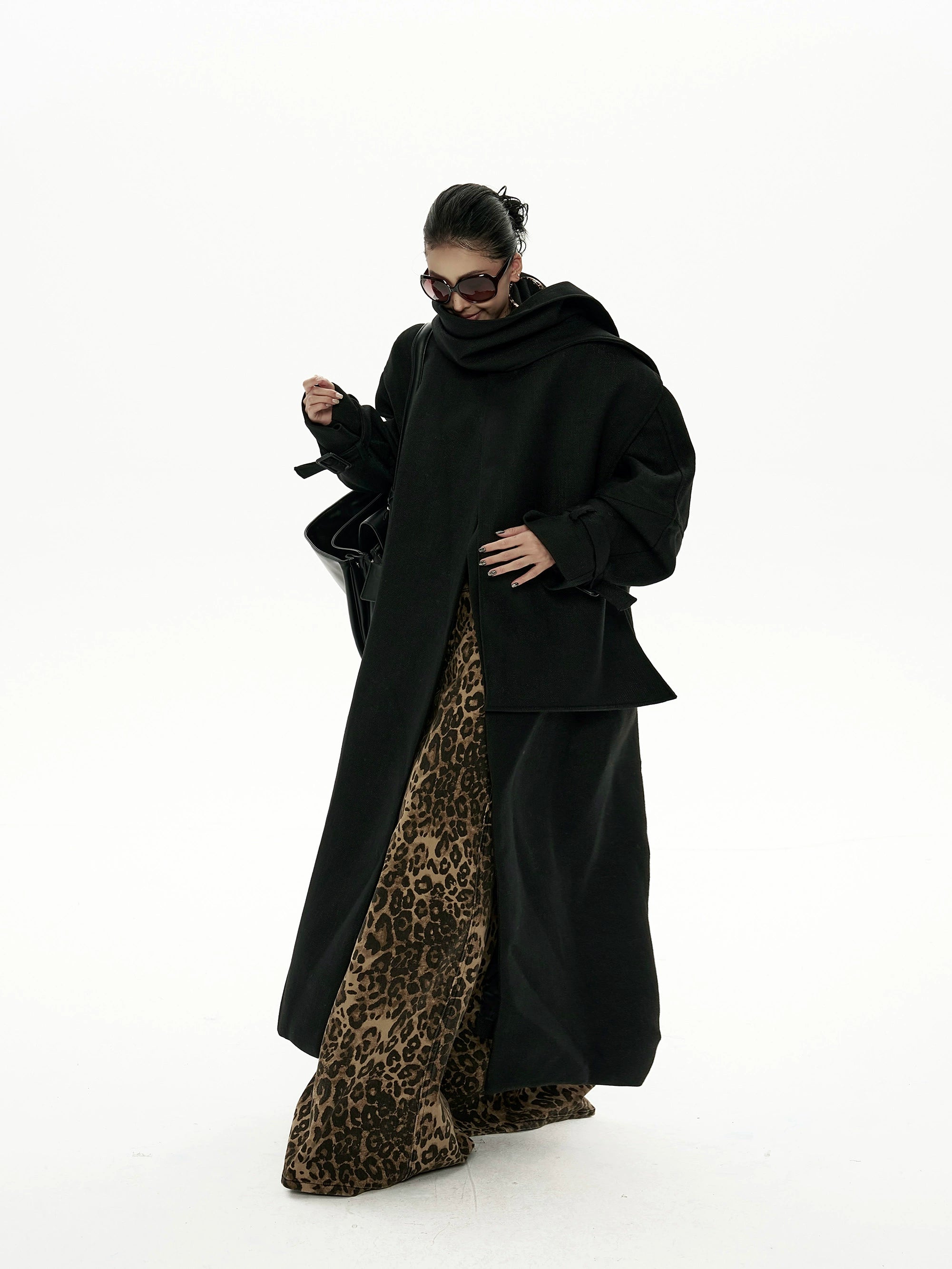 野生zero黑色长款廓形毛呢外套女秋冬2025新款高级感宽松风衣大衣