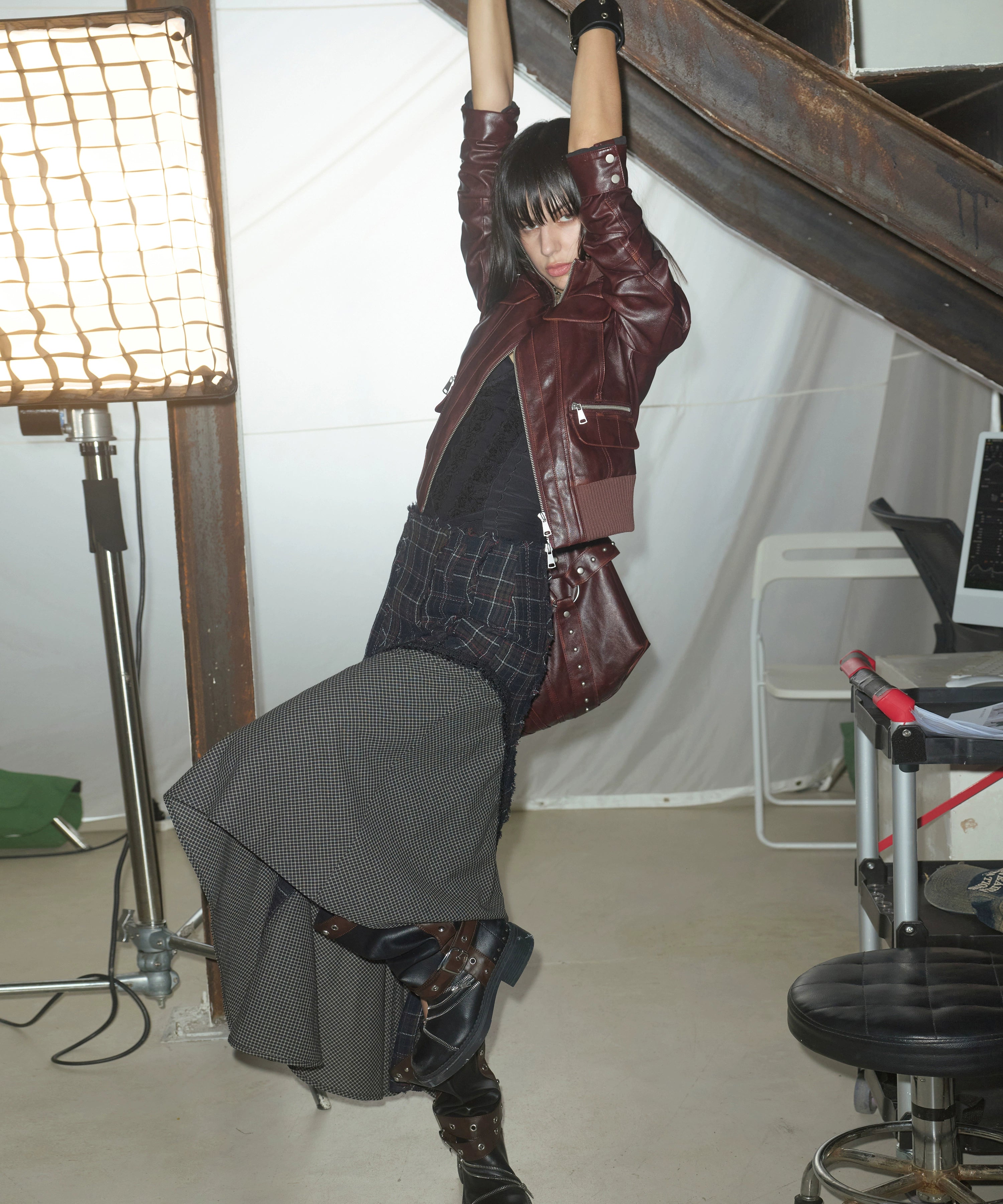 2th Desire100羊毛格纹撞色拼接毛边秋冬a字毛呢不规则长款半身裙