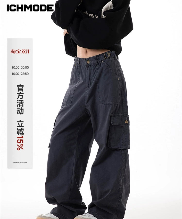 ICH MODE 美式复古口袋工装裤女2025新款秋宽松直筒阔腿休闲裤