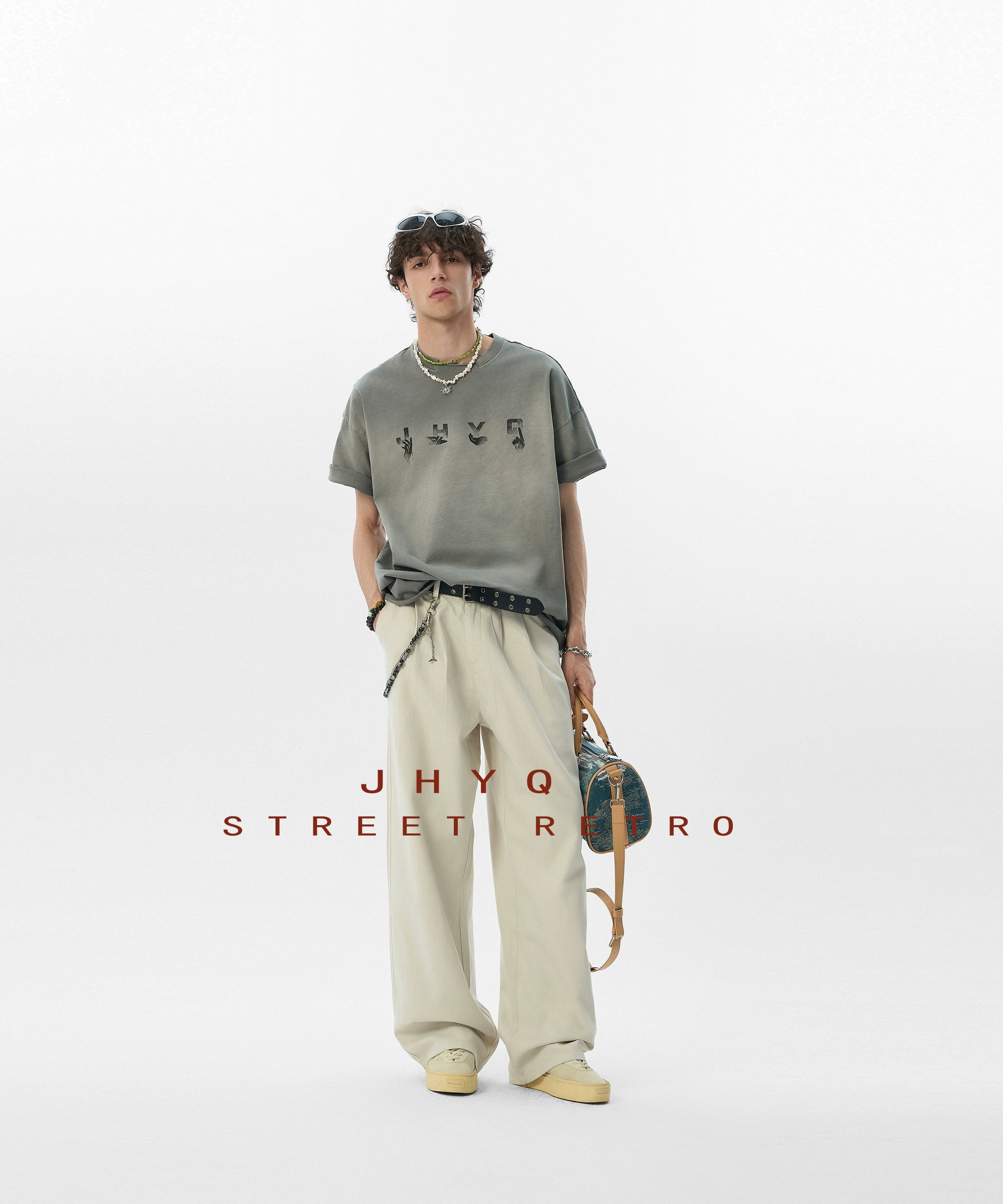 【水洗系列】JHYQ美式做旧创意手势印花落肩双领短袖T恤男夏宽松