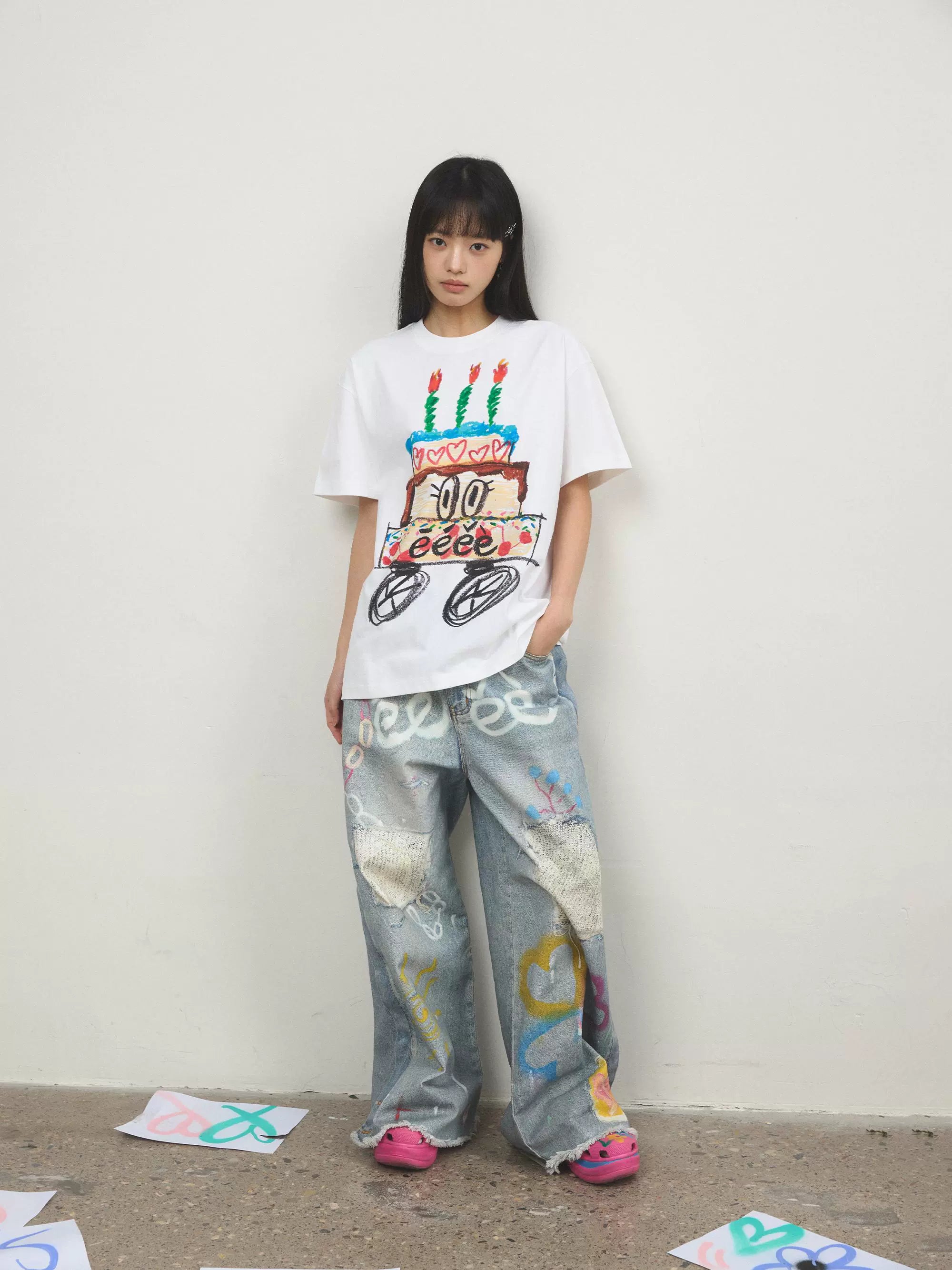 “逃跑蛋糕”| eeee手绘生日蛋糕创意T恤小众涂鸦艺术印花短袖夏