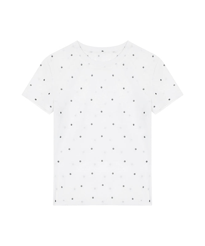 野生zero 波点薄款印花网纱上衣女夏季修身显瘦正肩白黑色短袖t恤