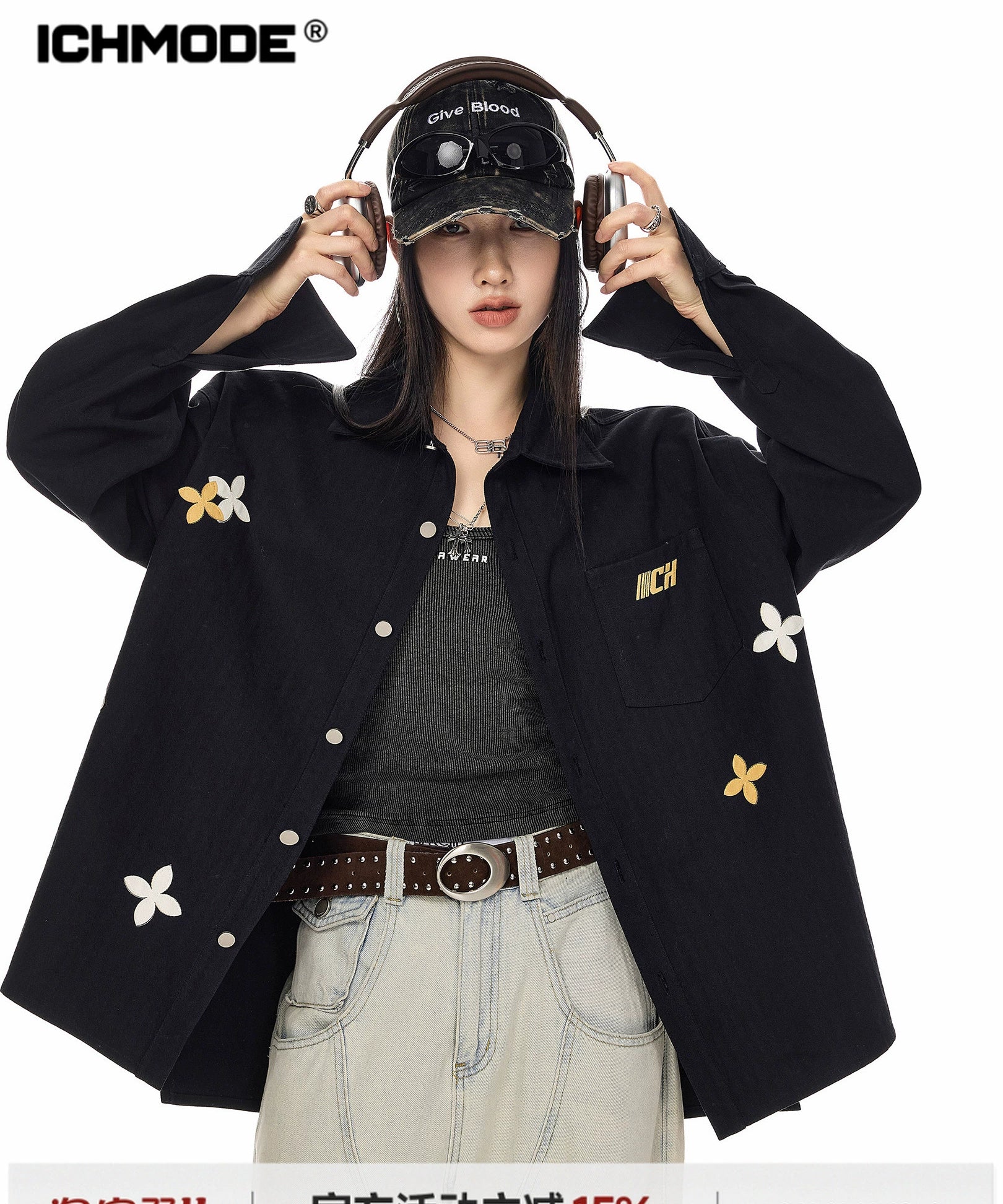 ICH MODE 美式复古刺绣长袖衬衫女2025新款宽松衬衣休闲开衫外套