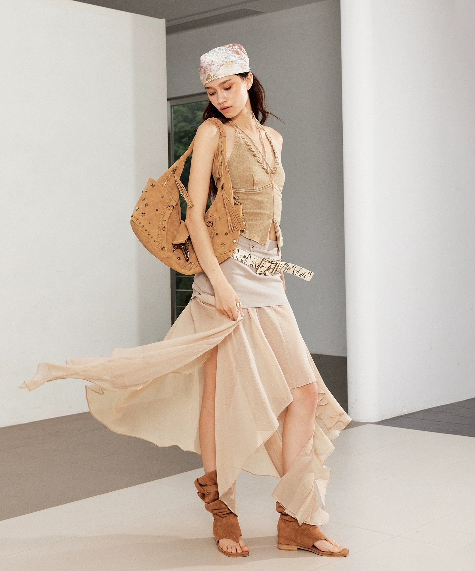 2th Desire洗水做旧穿绳交叉露背鱼骨胸衣绑带V领挂脖吊带背心女