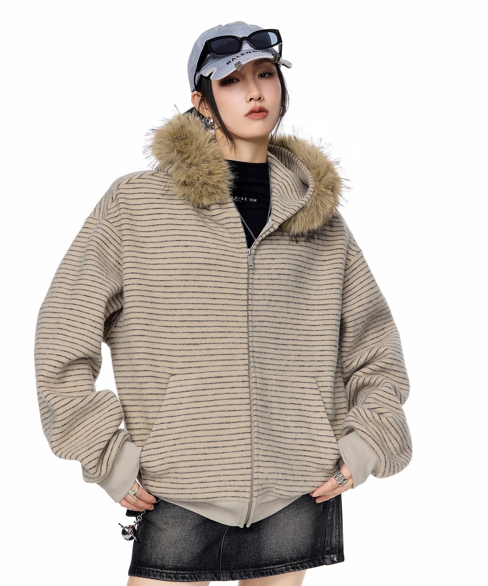 ICH MODE 美式复古毛领条纹连帽外套女秋冬宽松休闲卫衣开衫上衣