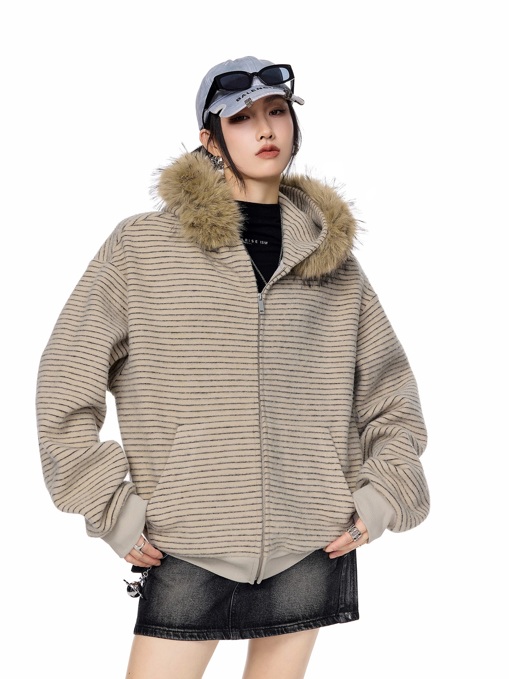 ICH MODE 美式复古毛领条纹连帽外套女秋冬宽松休闲卫衣开衫上衣