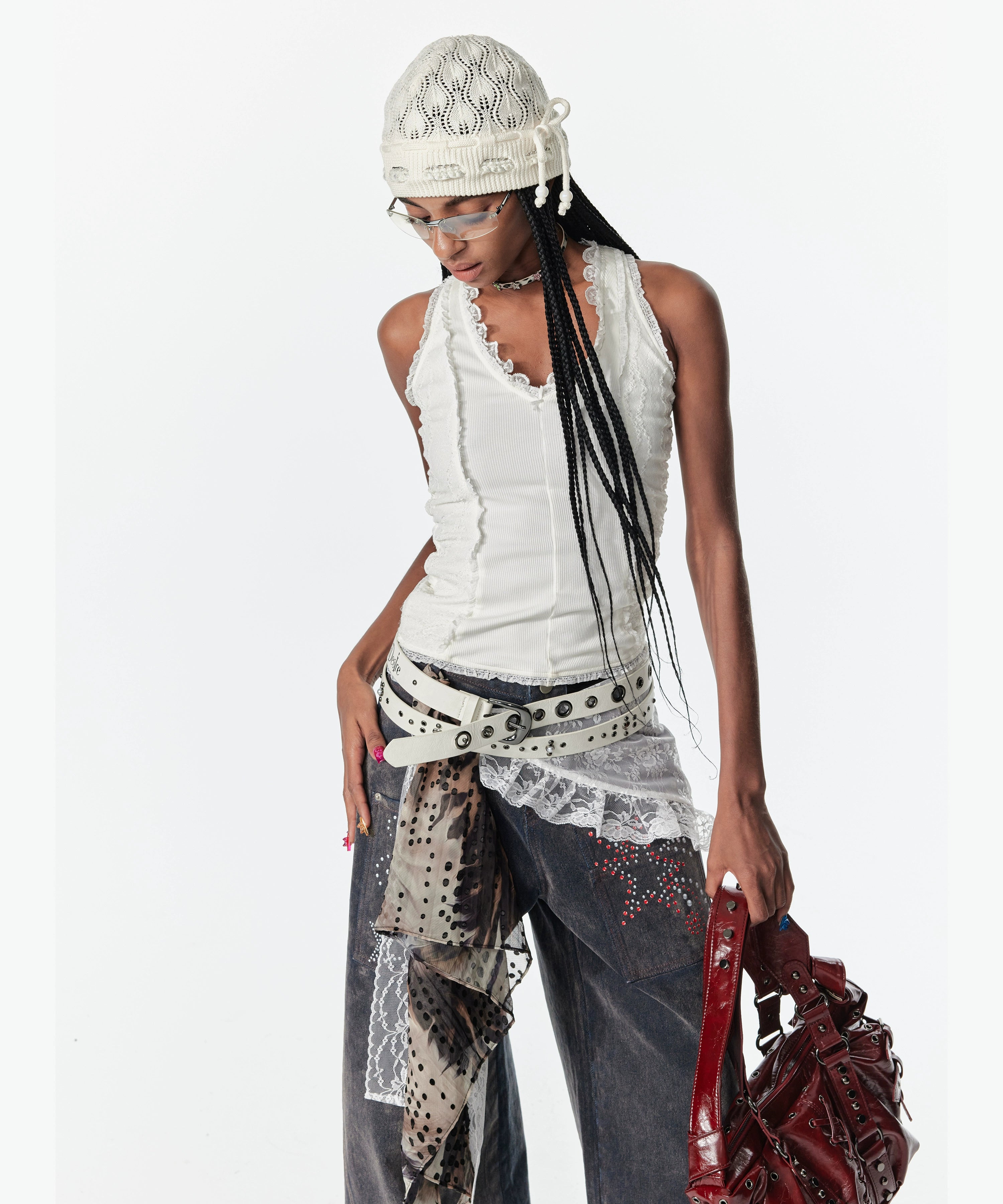 2th Desire蕾丝拼接镂空亮闪工字吊带背心弹力露背内搭外穿上衣女