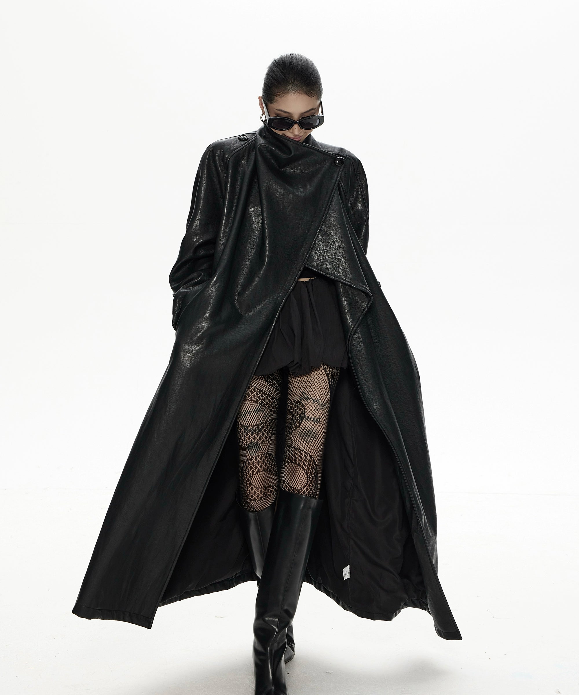 野生zero 翻领长款pu皮衣女秋冬2025新款酷飒风宽松大衣风衣外套