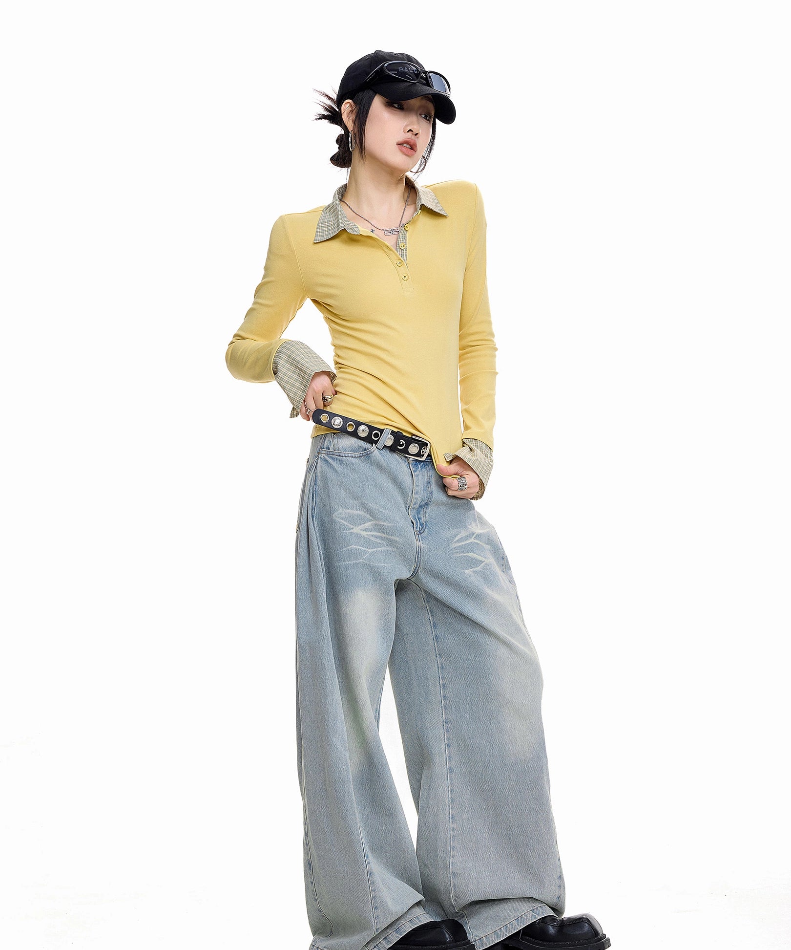 ICH MODE 美式复古格子拼接长袖POLOT恤女秋冬修身正肩上衣打底衫