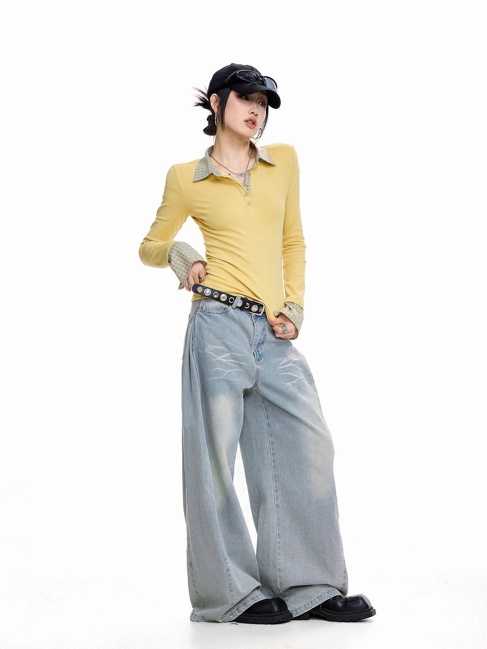 ICH MODE 美式复古格子拼接长袖POLOT恤女秋冬修身正肩上衣打底衫