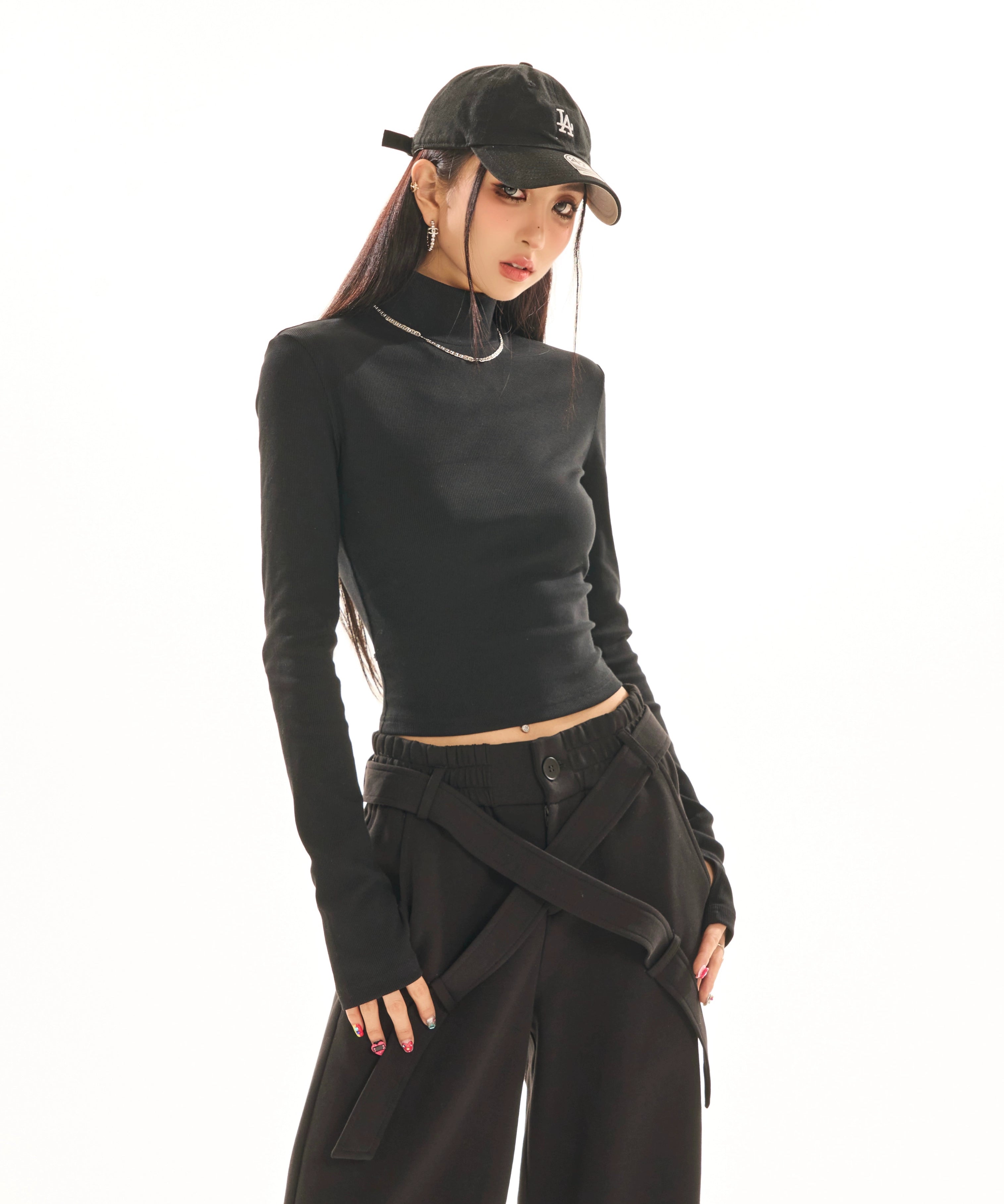 野生zerocircle 白黑灰色长袖t恤女春高领打底衫修身露背针织上衣