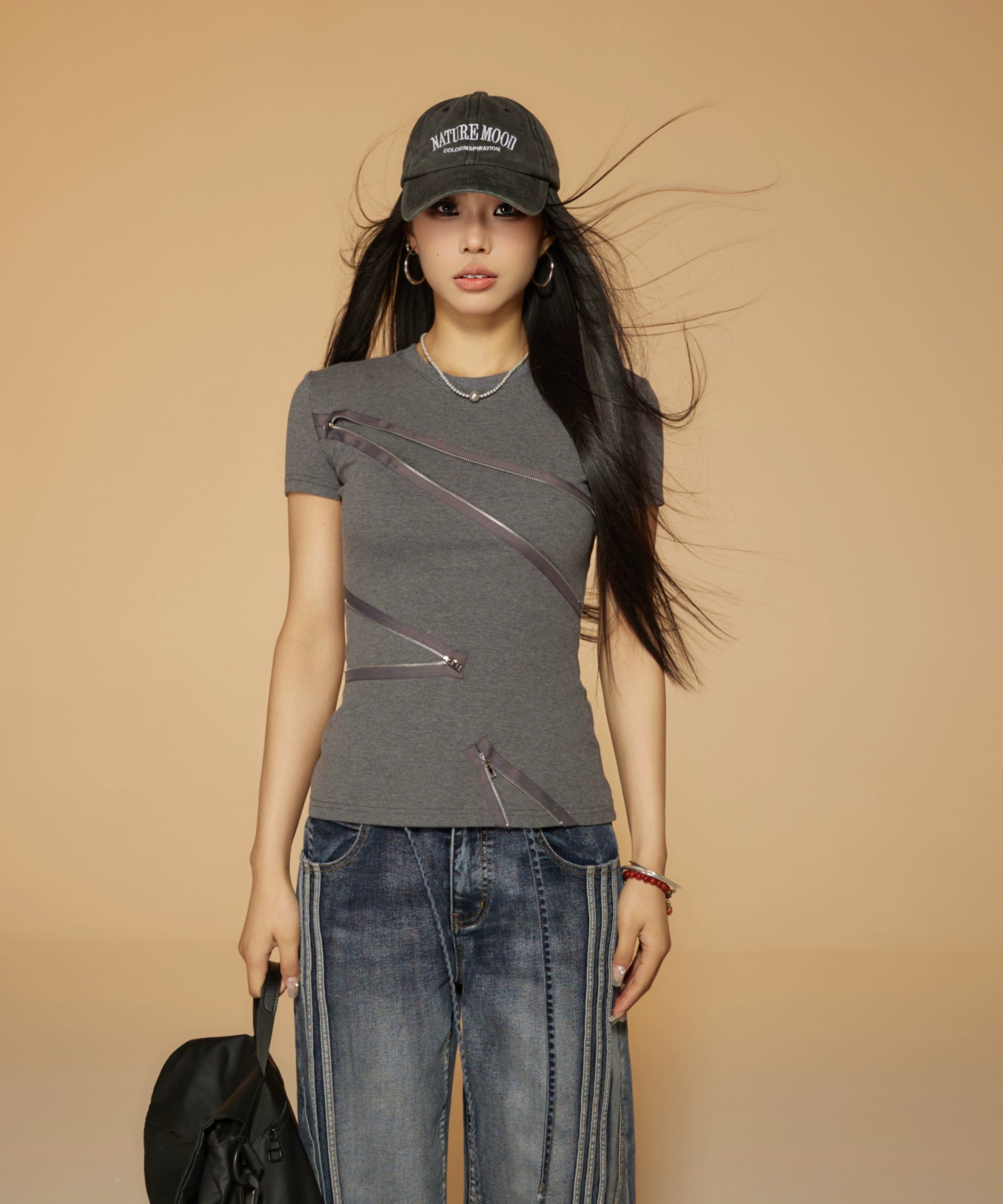 野生zerocircle 黑灰色正肩短袖t恤女夏季辣妹修身设计感拉链上衣