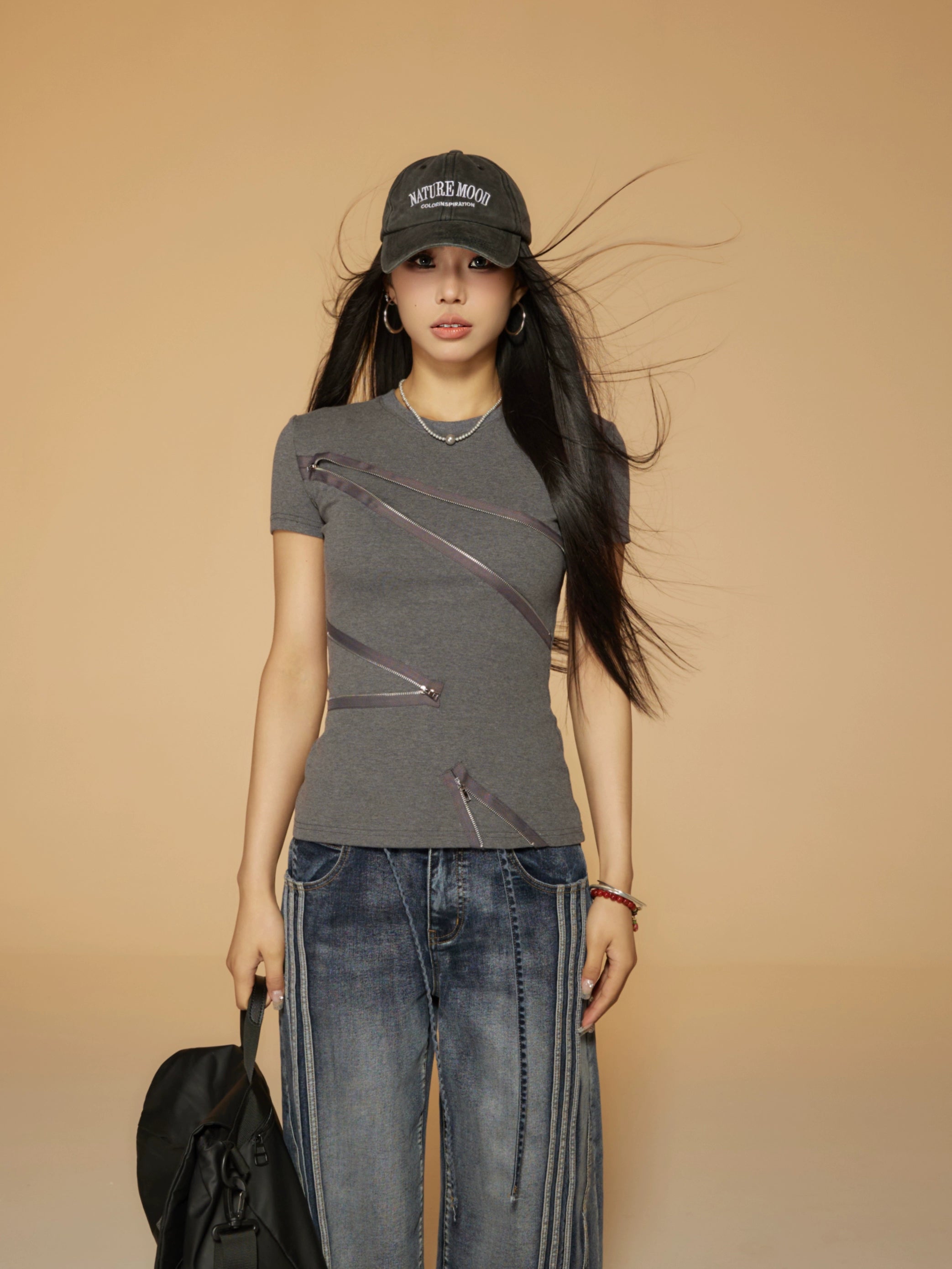 野生zerocircle 黑灰色正肩短袖t恤女夏季辣妹修身设计感拉链上衣