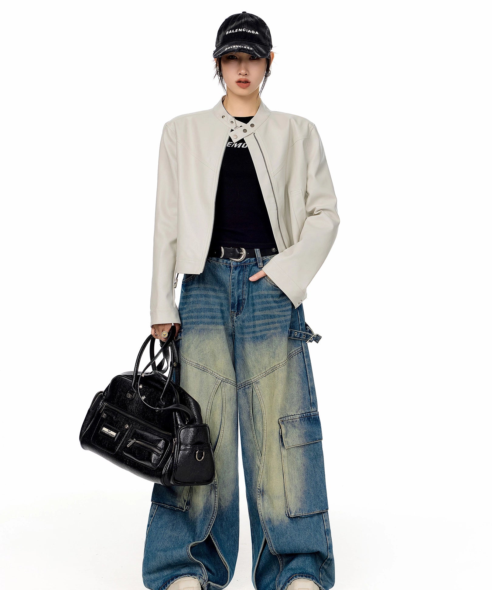 ICH MODE 美式复古短款机车皮衣外套女秋冬酷飒风流行皮夹克上衣