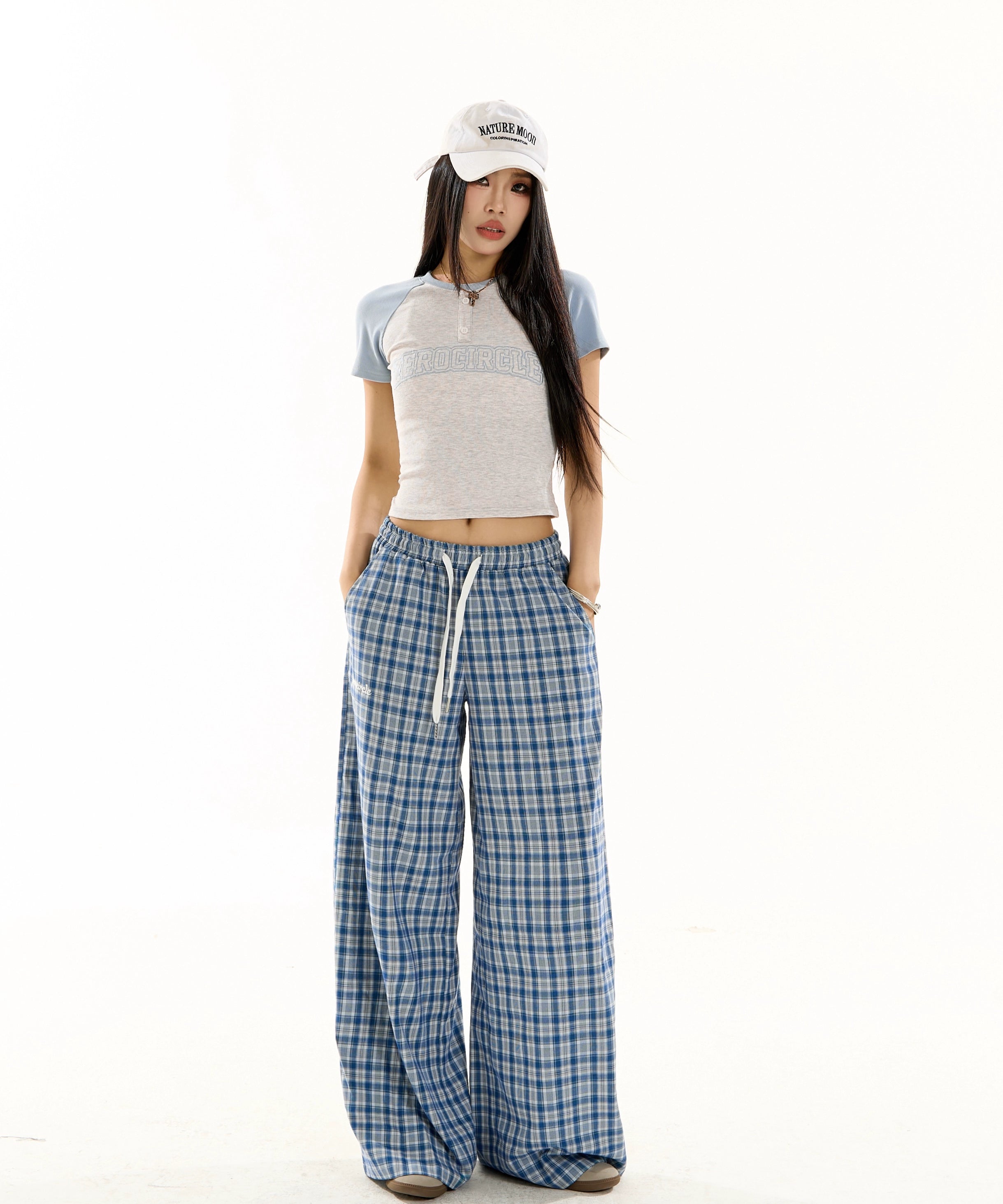 野生zero蓝格子裤女夏季薄款松紧腰慵懒宽松阔腿直筒休闲显瘦裤子