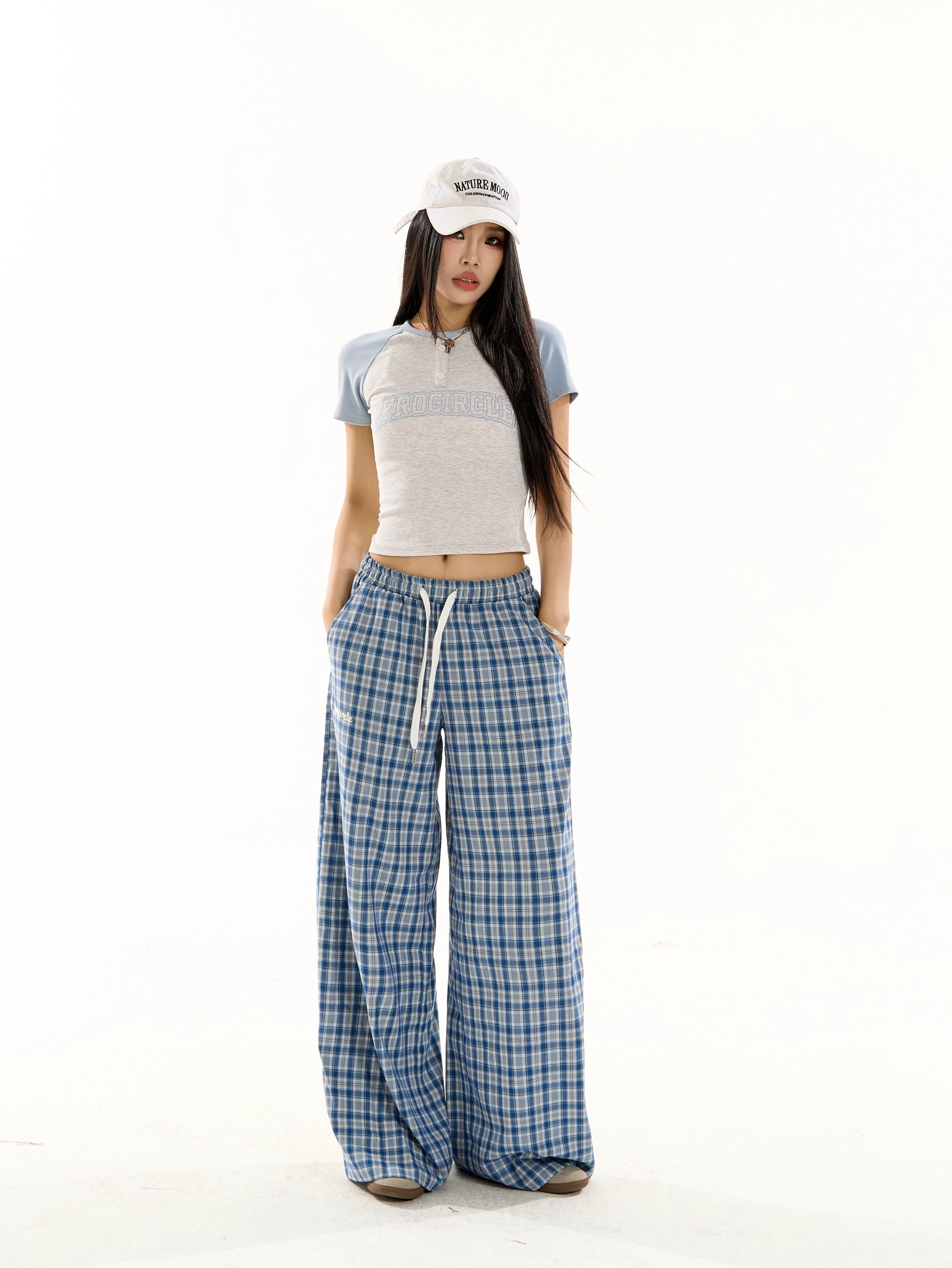 野生zero蓝格子裤女夏季薄款松紧腰慵懒宽松阔腿直筒休闲显瘦裤子