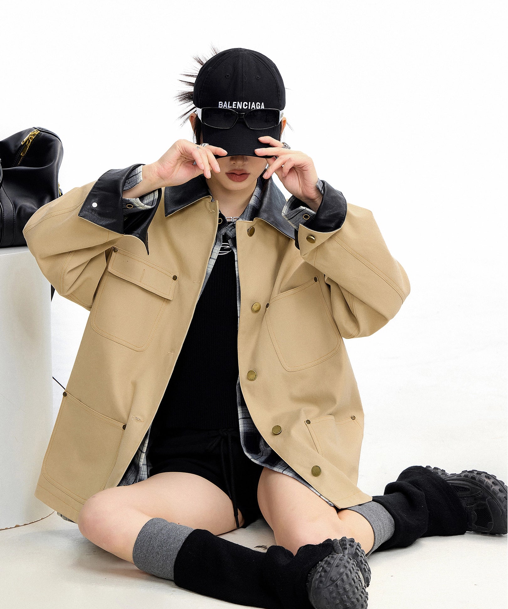 ICH MODE 美式复古巴恩风短款风衣外套女秋冬季宽松开衫夹克上衣