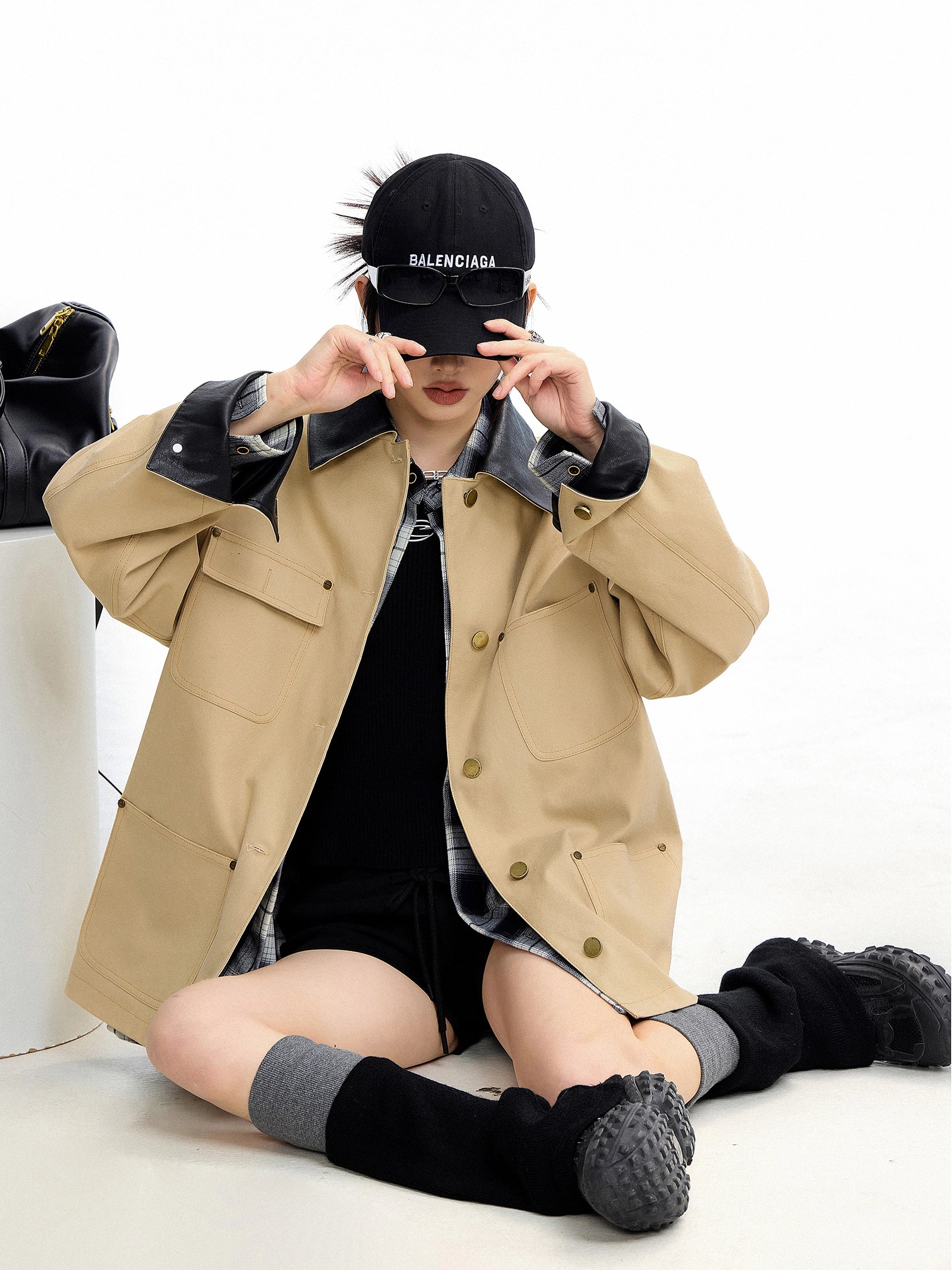 ICH MODE 美式复古巴恩风短款风衣外套女秋冬季宽松开衫夹克上衣