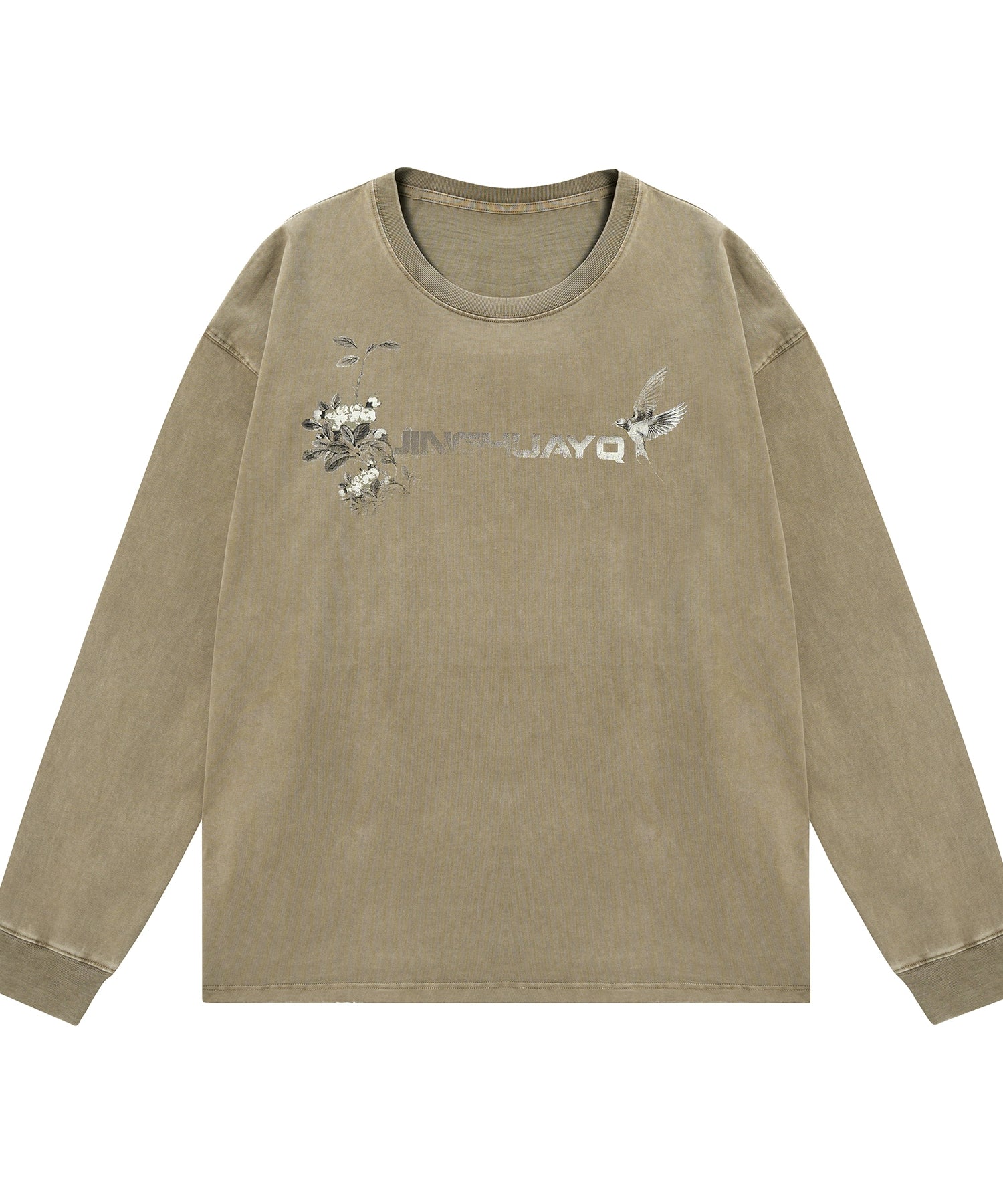 花鸟之语丨JHYQ美式复古水洗320重磅长袖T恤男士字母做旧印花卫衣