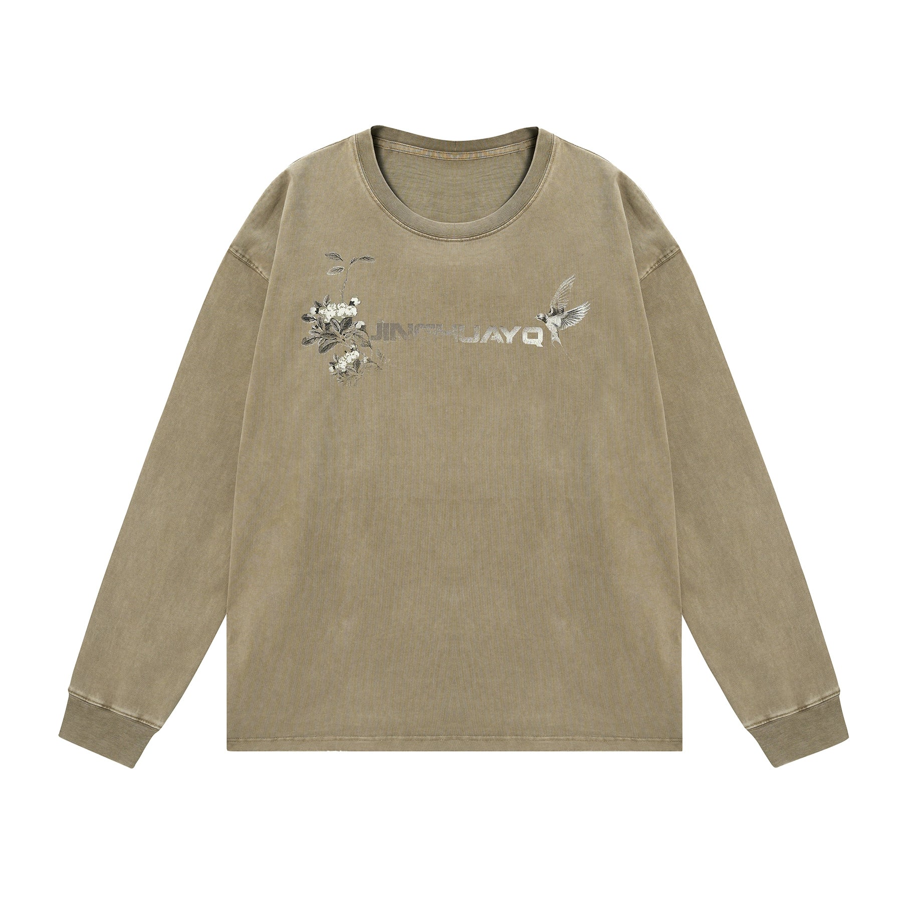 花鸟之语丨JHYQ美式复古水洗320重磅长袖T恤男士字母做旧印花卫衣