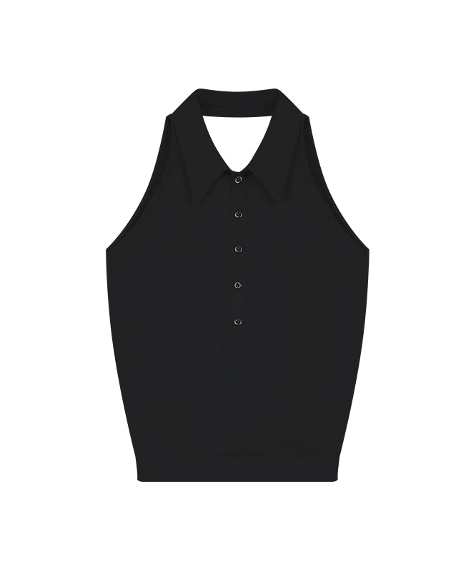 野生zero 黑灰色无袖背心女夏设计感辣妹宽松polo领露背镂空上衣