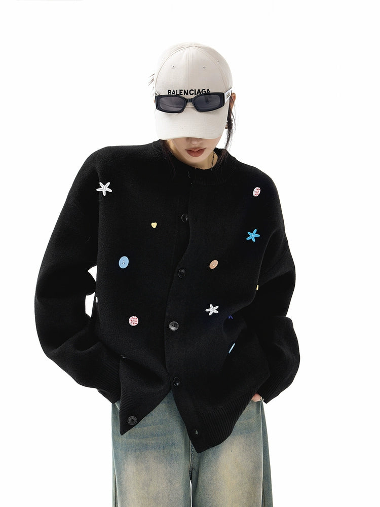 ICH MODE 美式复古海星纽扣针织开衫女秋冬季慵懒氛围感毛衣外套