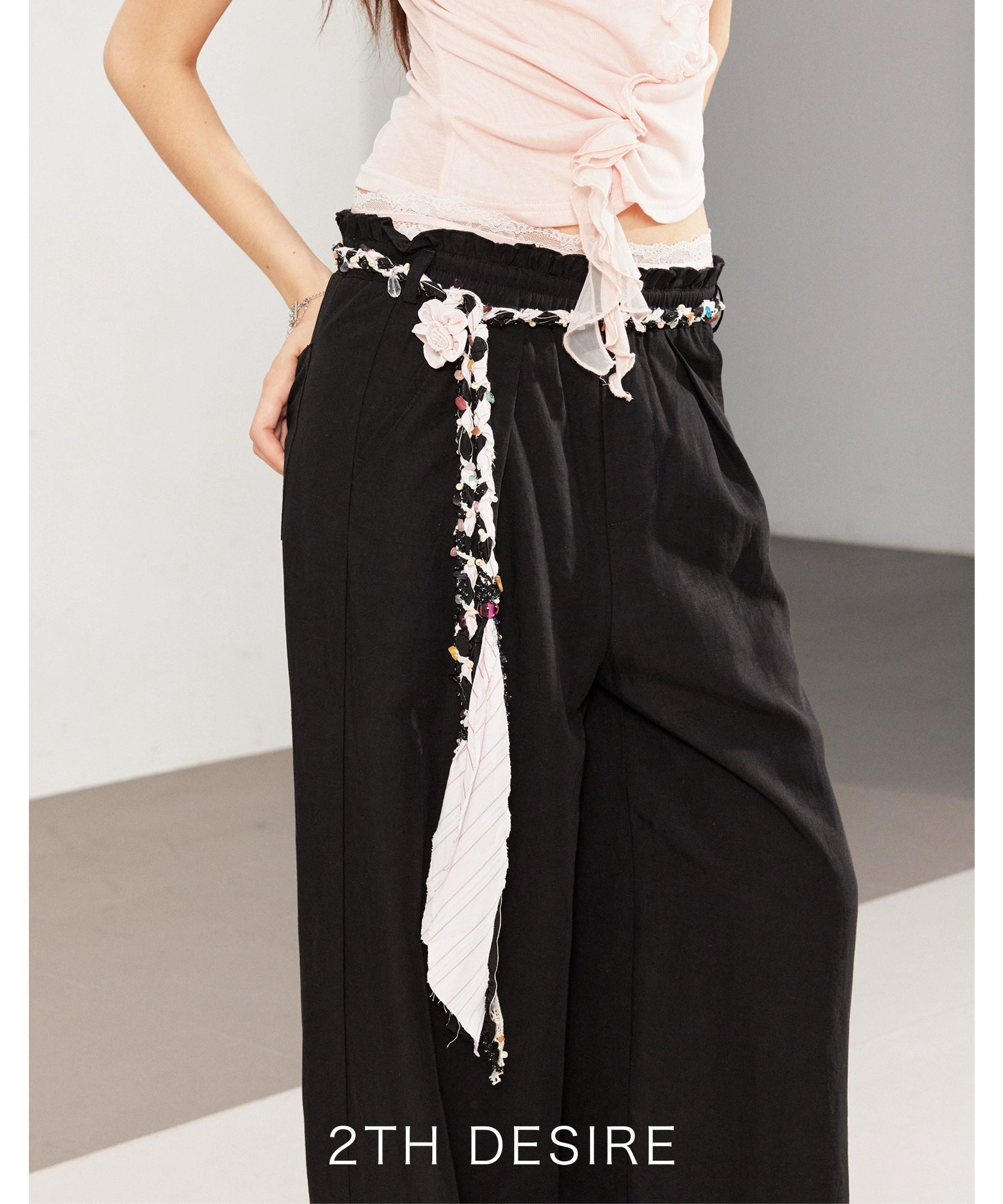 2th Desire复古手工编织亚麻腰带撞色条纹串珠彩色石头流浪感腰绳