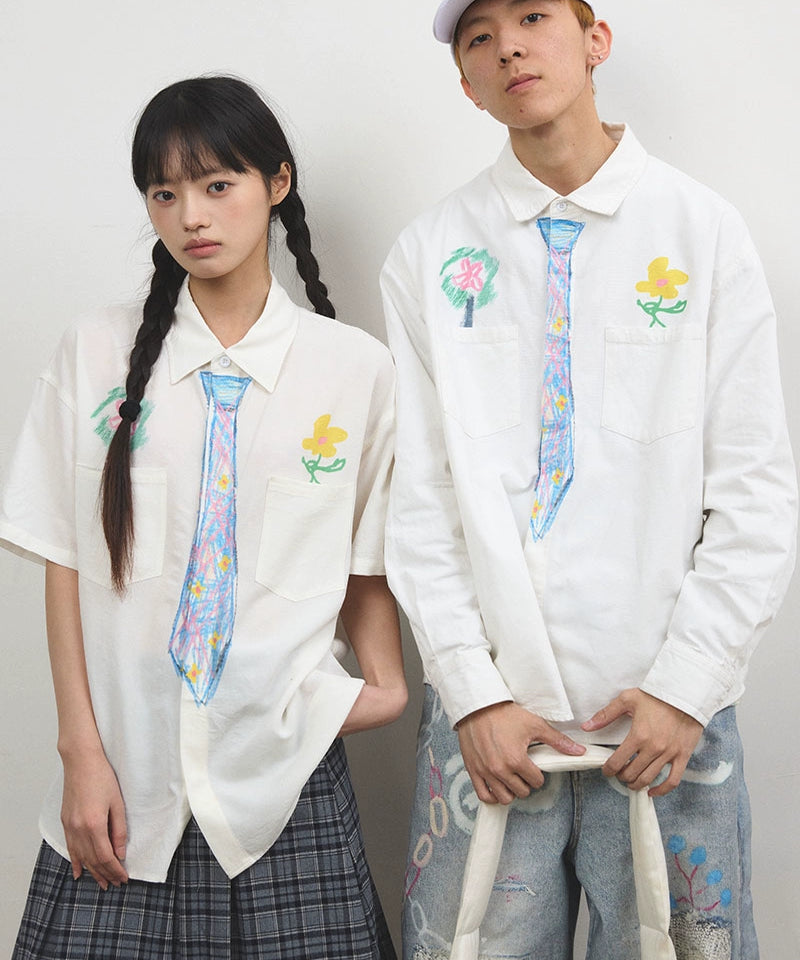 “追梦”| eeee创意设计感蜡笔手绘领带衬衫趣味学院风涂鸦衬衣春