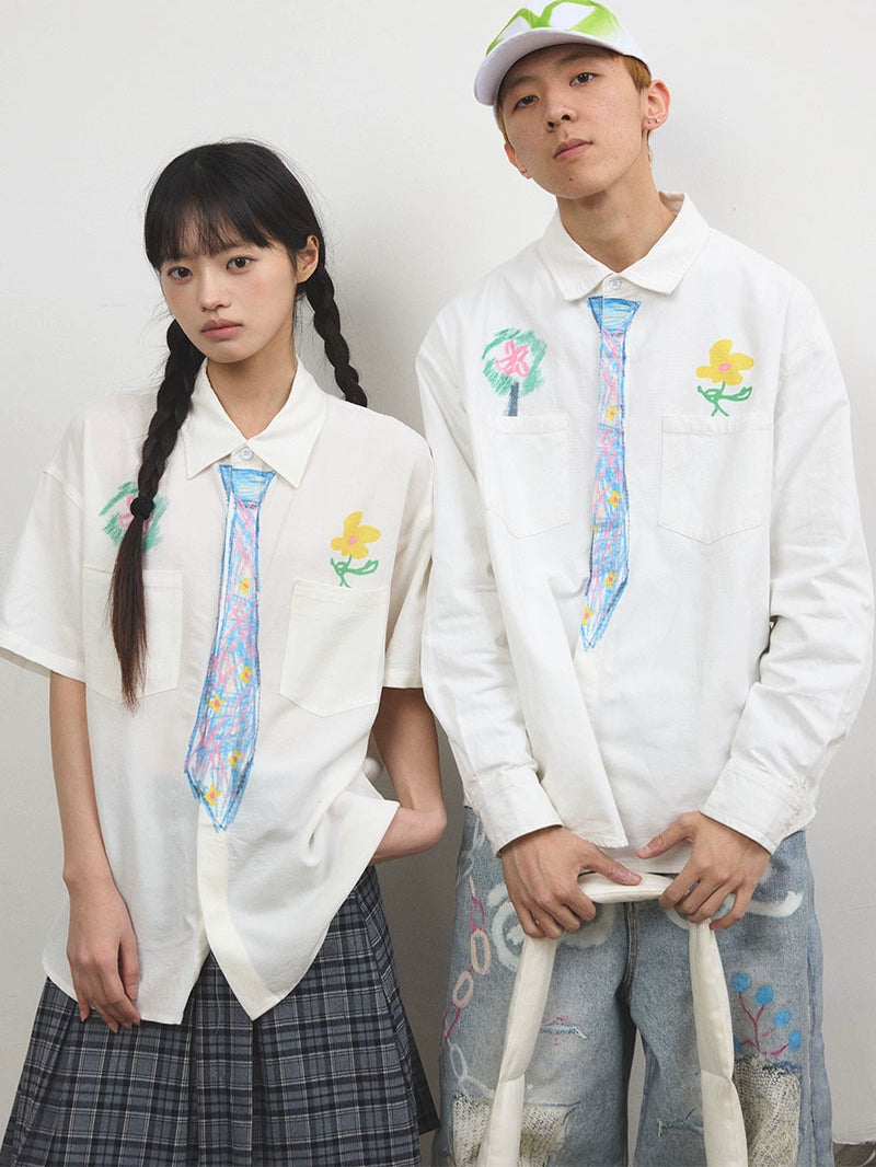 “追梦”| eeee创意设计感蜡笔手绘领带衬衫趣味学院风涂鸦衬衣春